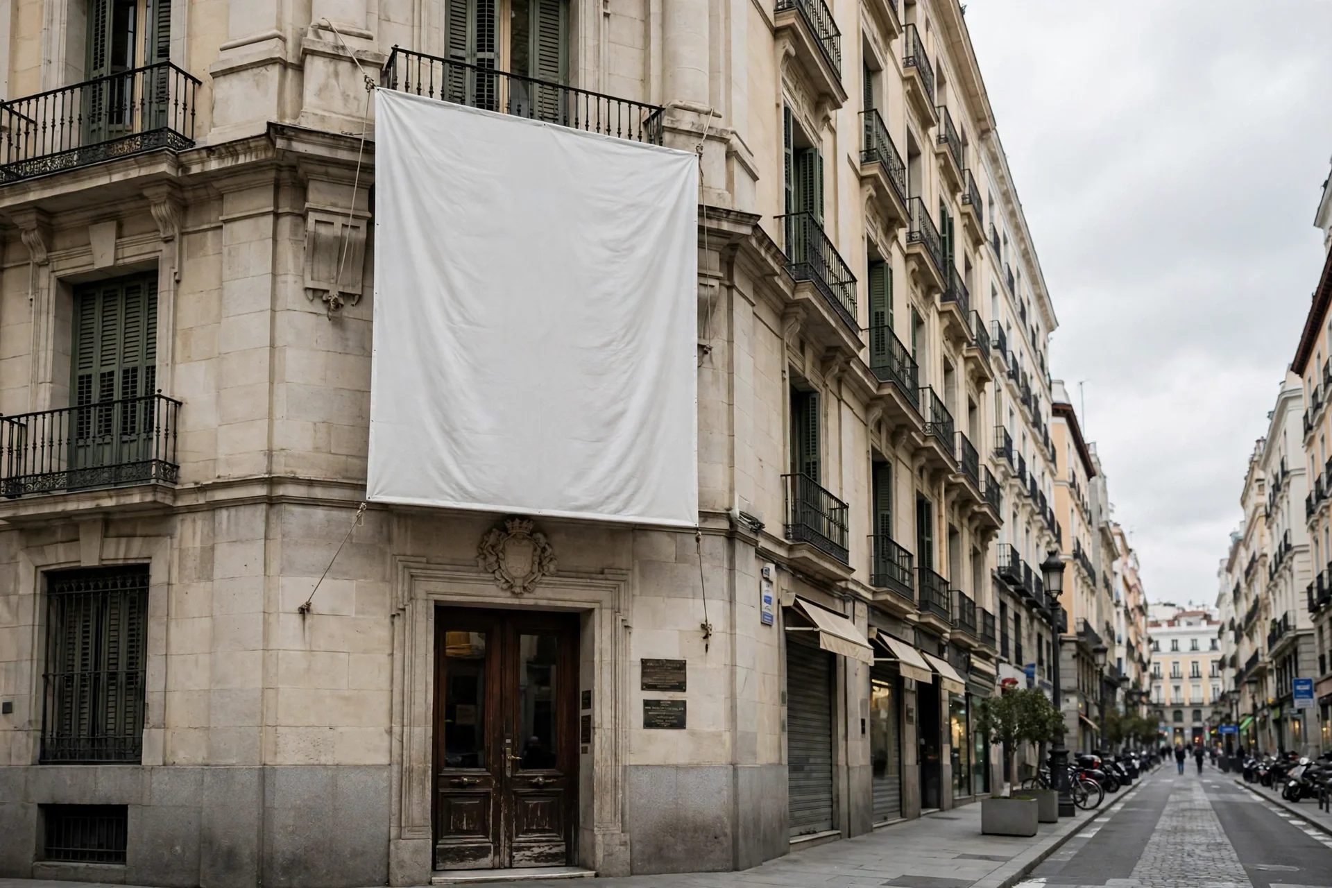Fachada de una sede política en Madrid con una gran lona blanca de bienvenida colgando y una calle madrileña al fondo