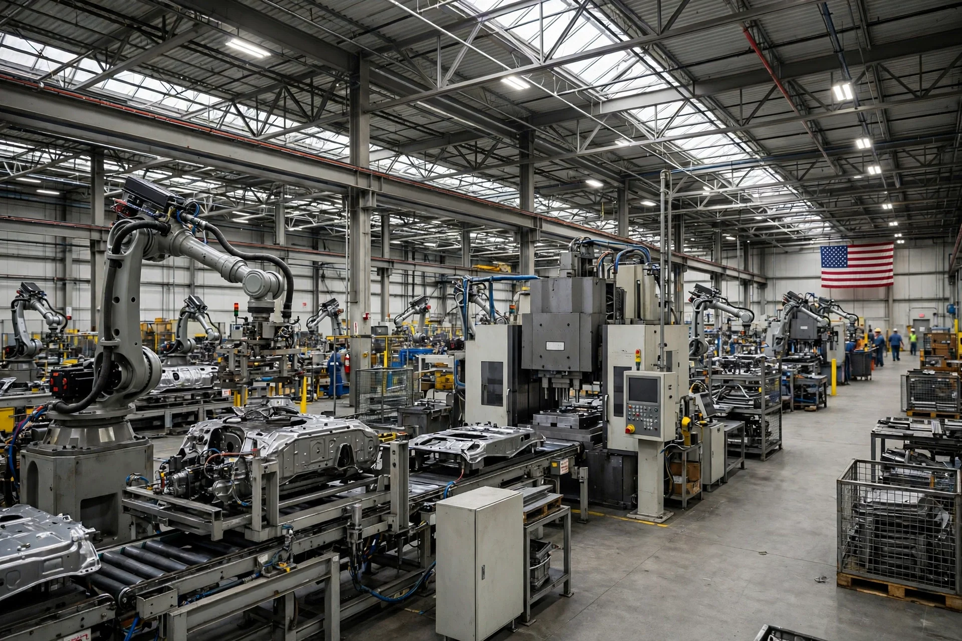 Brazos robóticos y maquinaria industrial en una fábrica estadounidense moderna