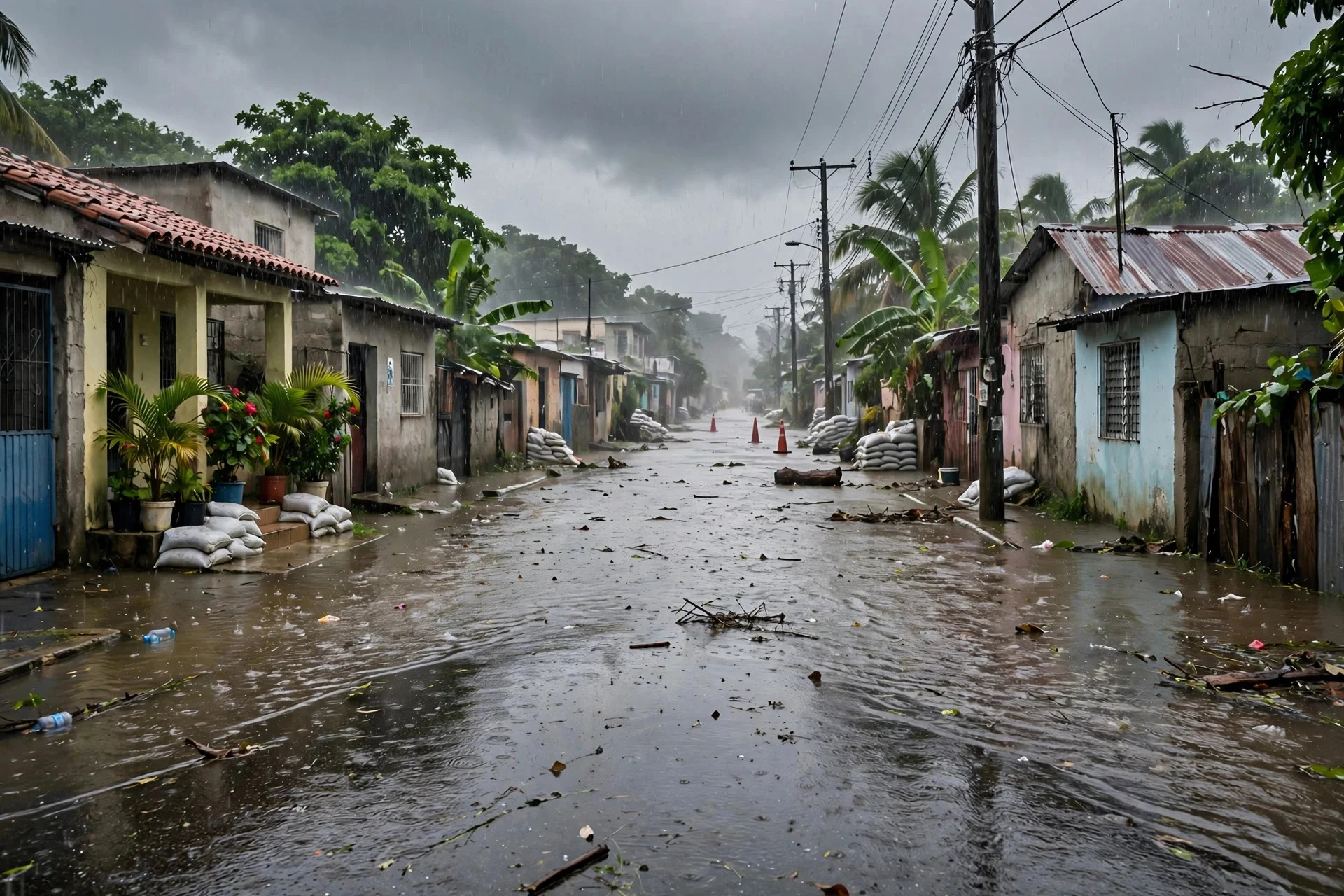 Calle residencial inundada por lluvias intensas en República Dominicana