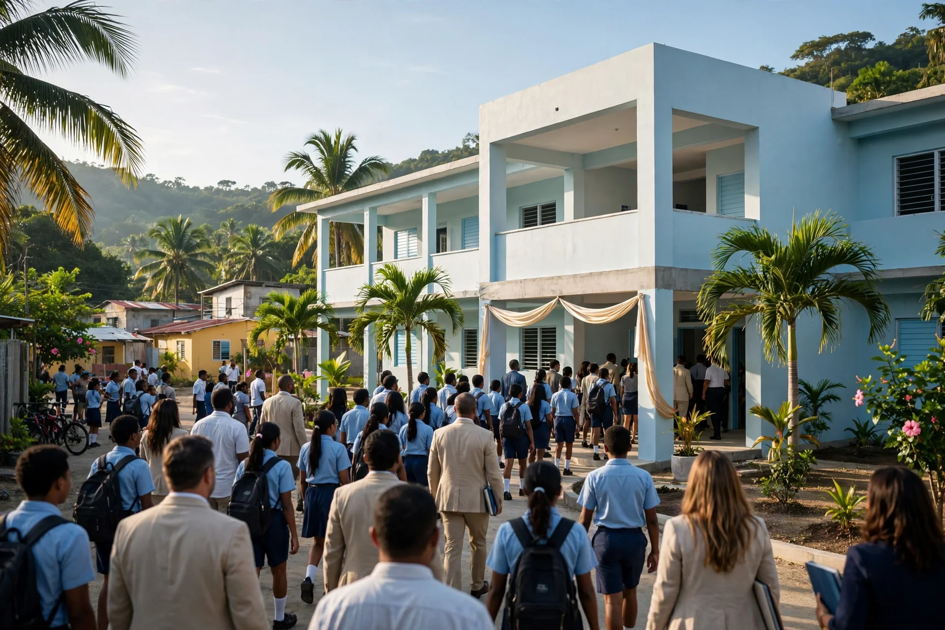 Escuela nueva de dos pisos en un pueblo caribeño dominicano con estudiantes llegando para una inauguración entre palmeras
