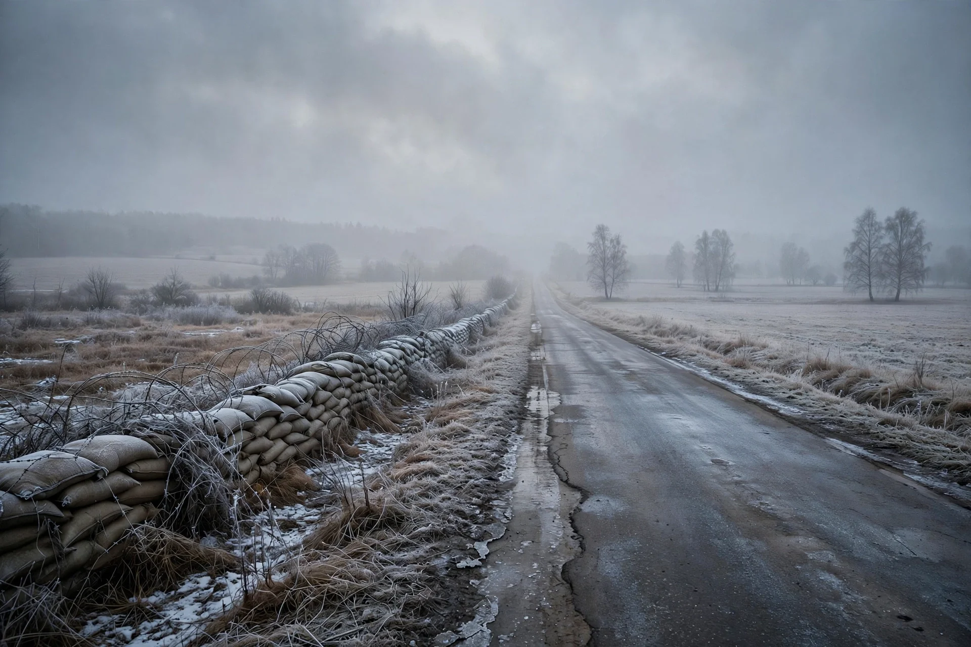Paisaje invernal con niebla sobre un campo abierto y una carretera vacía junto a una línea de sacos de arena