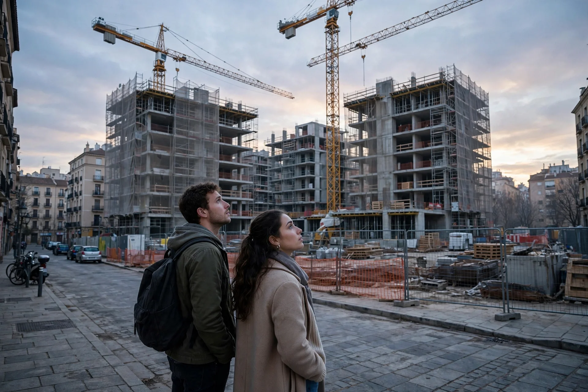 Una pareja joven observa edificios de viviendas en construcción con grúas en una ciudad española.