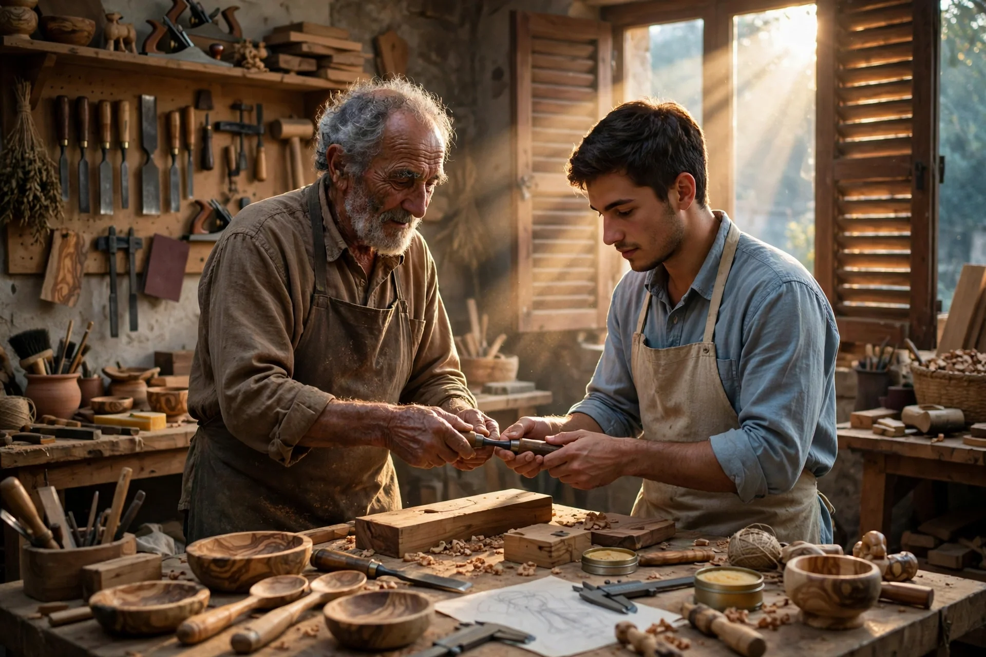 Un maestro artesano entrega una herramienta a un joven aprendiz en un taller italiano