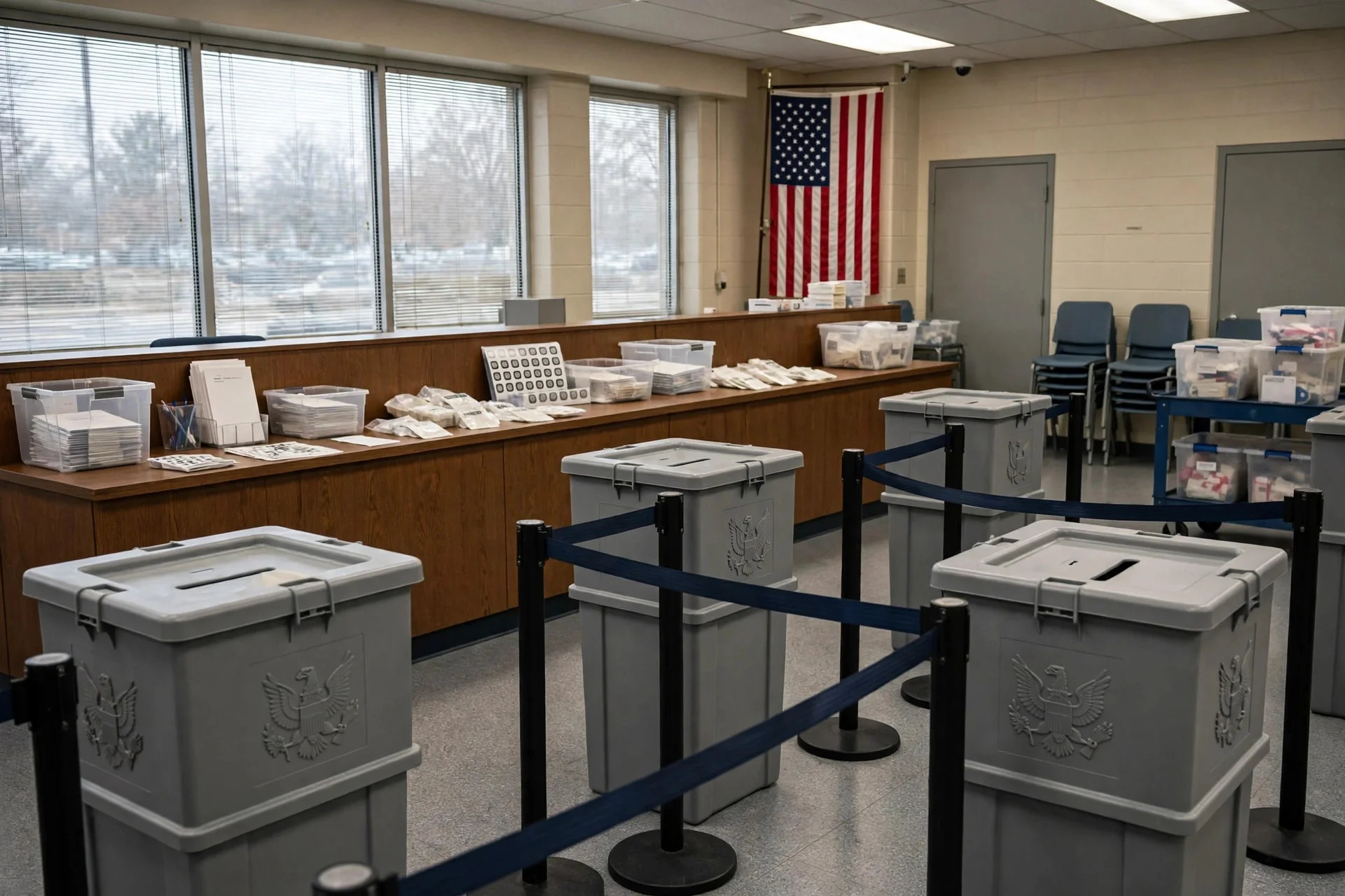 Urnas electorales grises en una oficina de votación de Estados Unidos, con la bandera nacional al fondo y material electoral ordenado sobre un mostrador