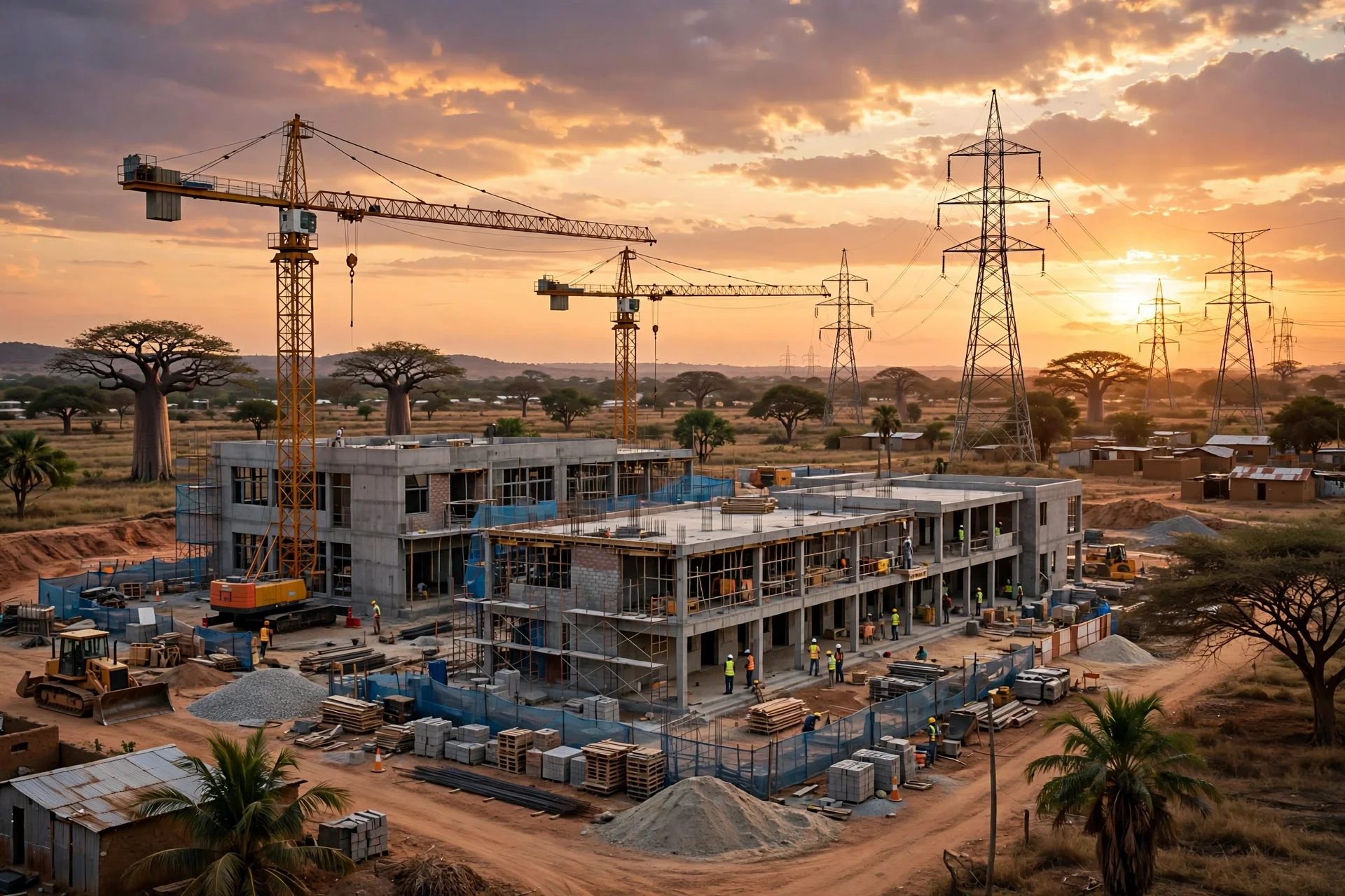 Obras de infraestructura en África occidental al atardecer, con grúas, un edificio escolar en construcción y torres de transmisión eléctrica.