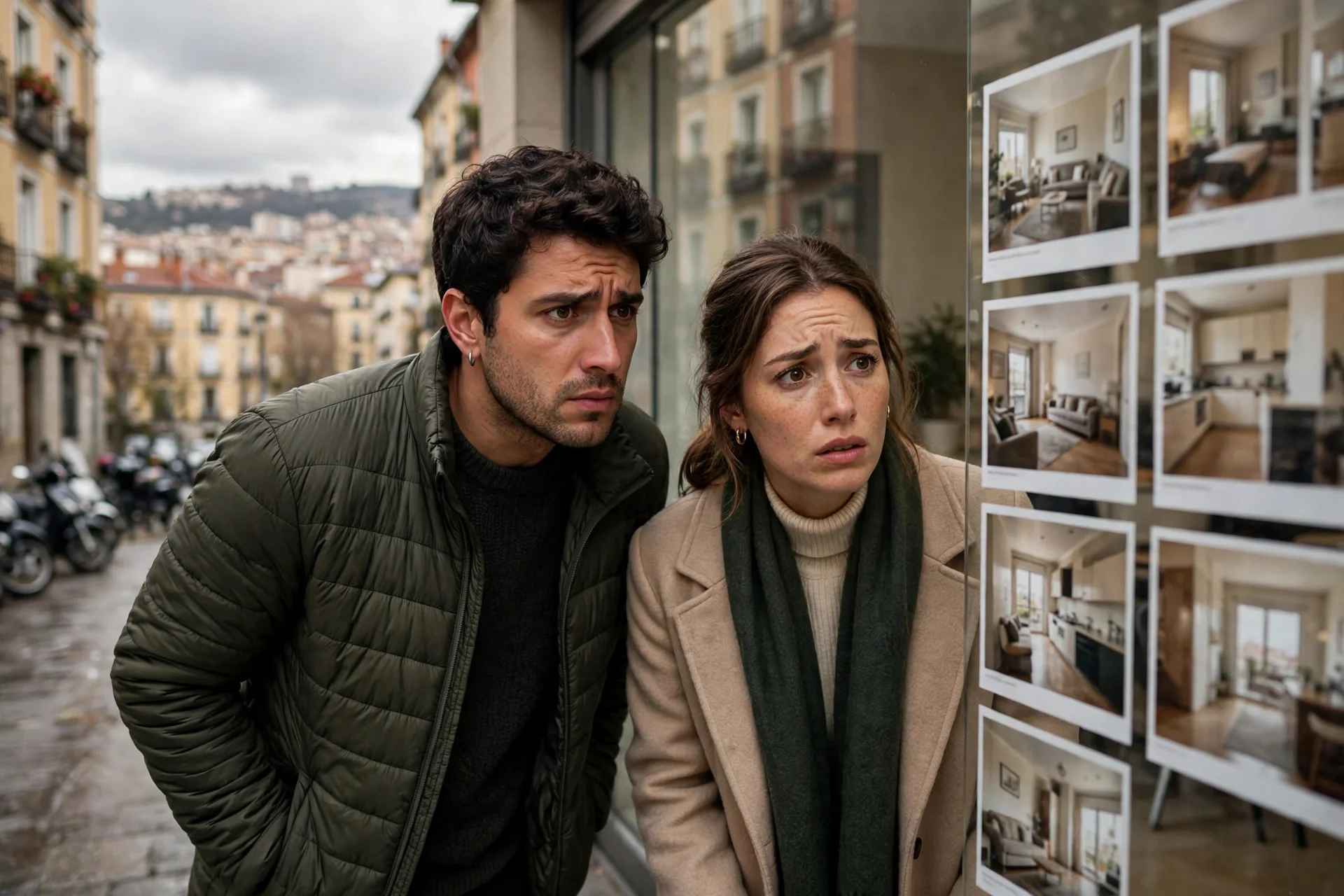 Una pareja joven mira con preocupación los anuncios de pisos en el escaparate de una inmobiliaria en una calle española.