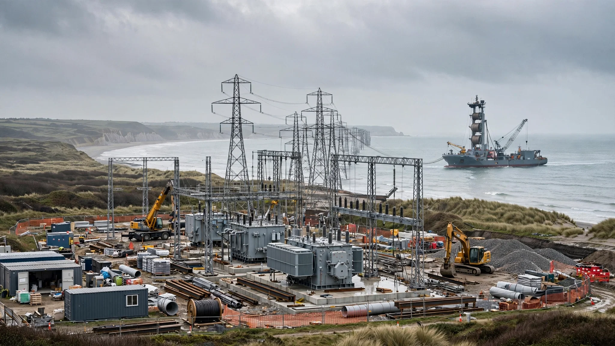 Una estación convertidora eléctrica en construcción en la costa inglesa con torres de alta tensión y un buque cablero en el mar