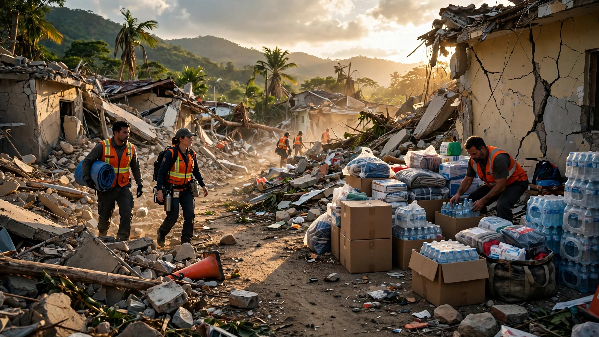 Rescatistas con chalecos naranja entre escombros y viviendas dañadas, con cajas de agua y ayuda humanitaria, tras el terremoto en Panamá