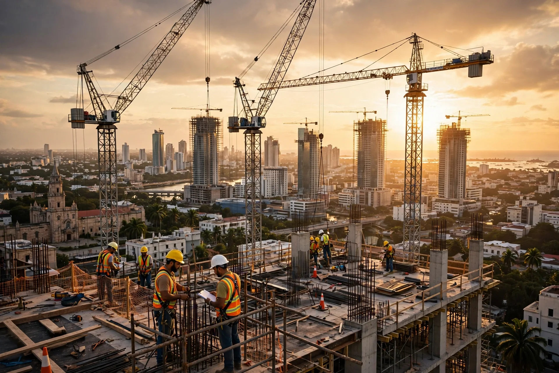 Obreros con cascos y chalecos en una obra en construcción con grúas torre sobre el perfil urbano de Santo Domingo al atardecer