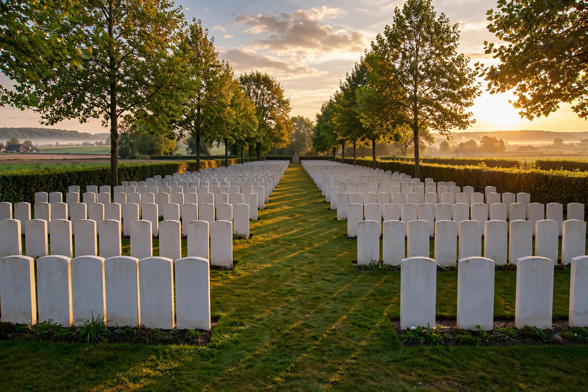 Rows of white headstones in a First World War military cemetery in Belgium at golden hour