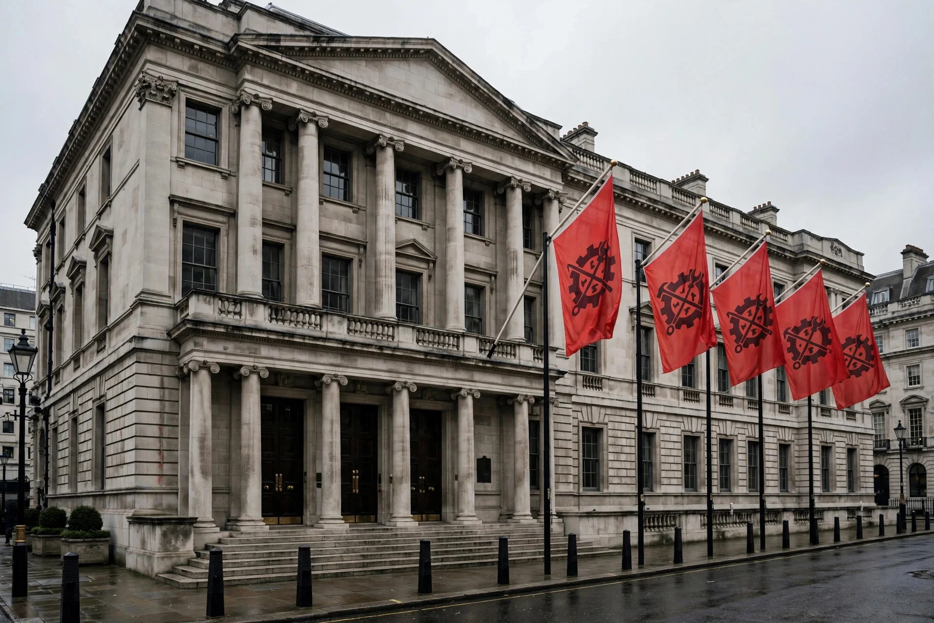 Edificio institucional de piedra con columnas en Londres, con banderas rojas genéricas con emblema de engranaje, sin texto legible ni personas reconocibles