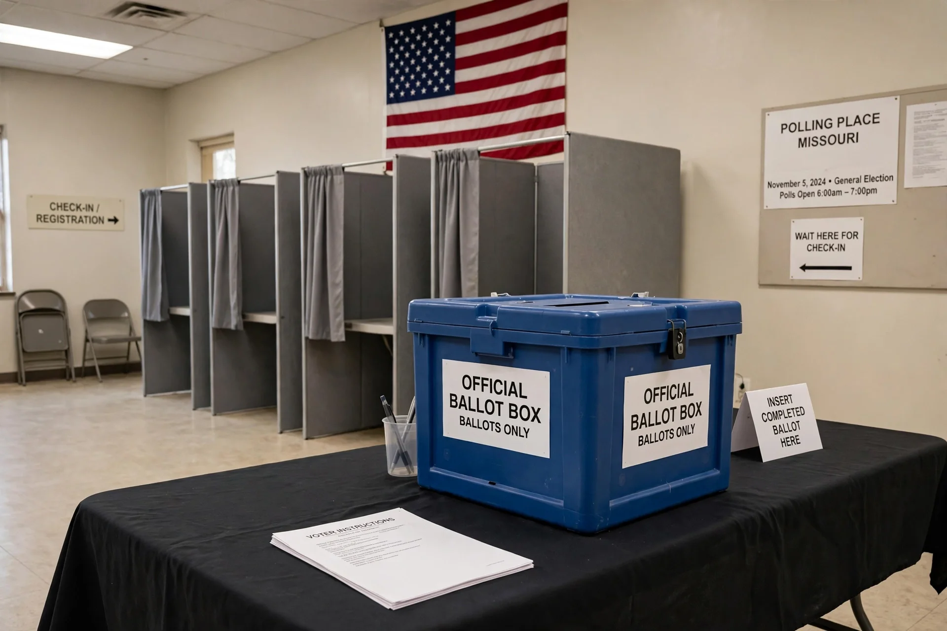 Urna electoral azul en un centro de votación de Missouri con cabinas y bandera