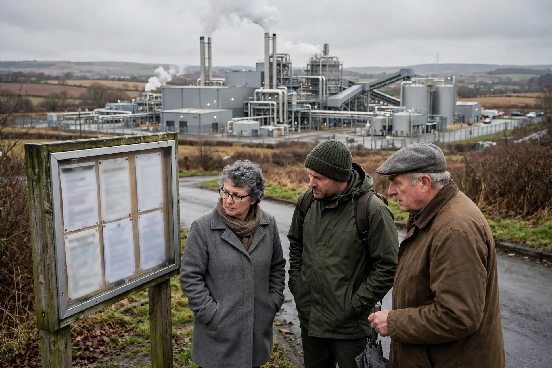 Planta industrial moderna de valorización energética en el norte de Inglaterra bajo un cielo gris, con vecinos ante un tablón de consulta pública