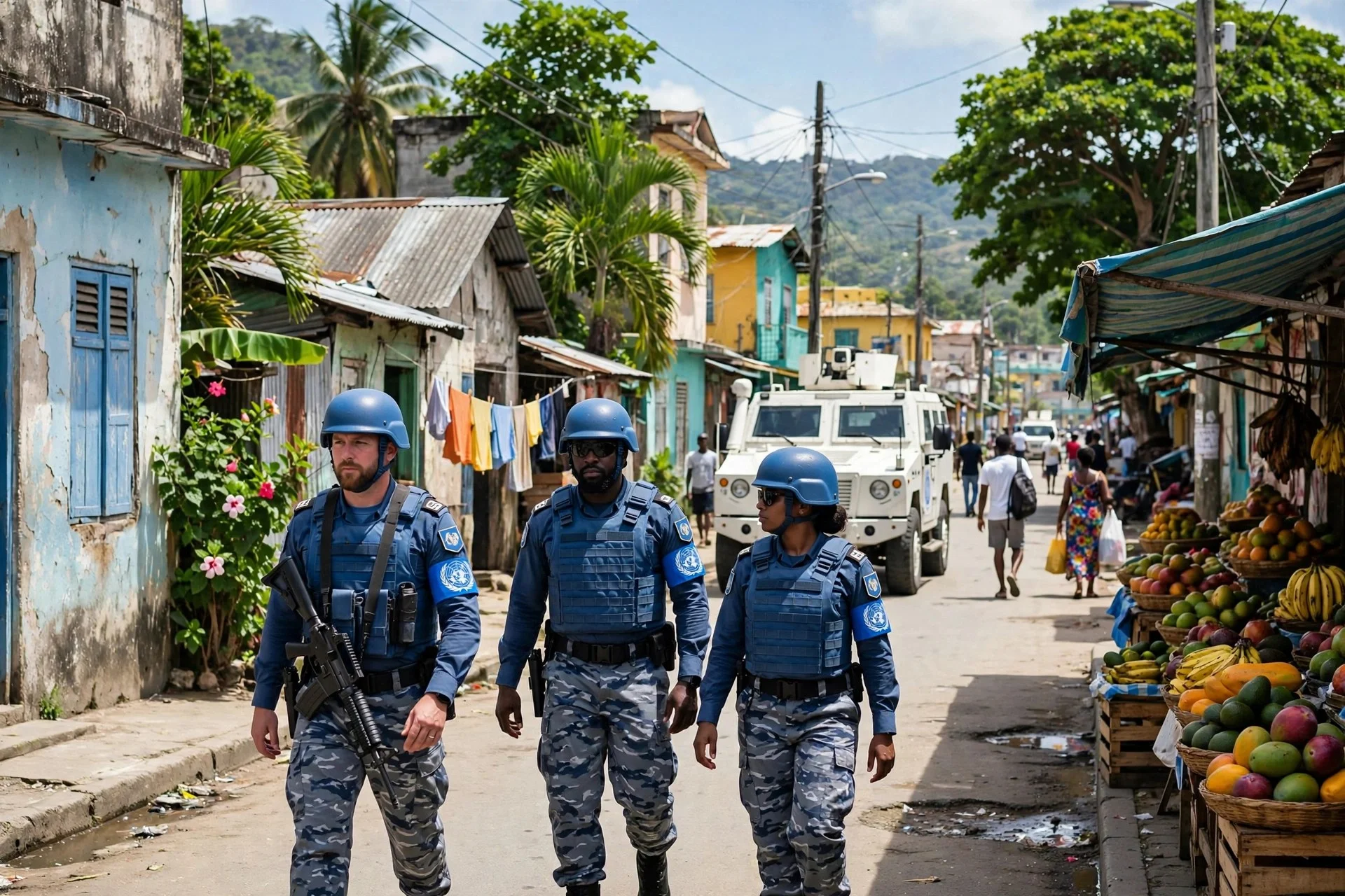 Tres agentes de seguridad internacional con casco y chaleco azules patrullan a pie una calle caribeña, con un vehículo blindado blanco detrás, casas de colores, palmeras y un puesto de frutas a un costado