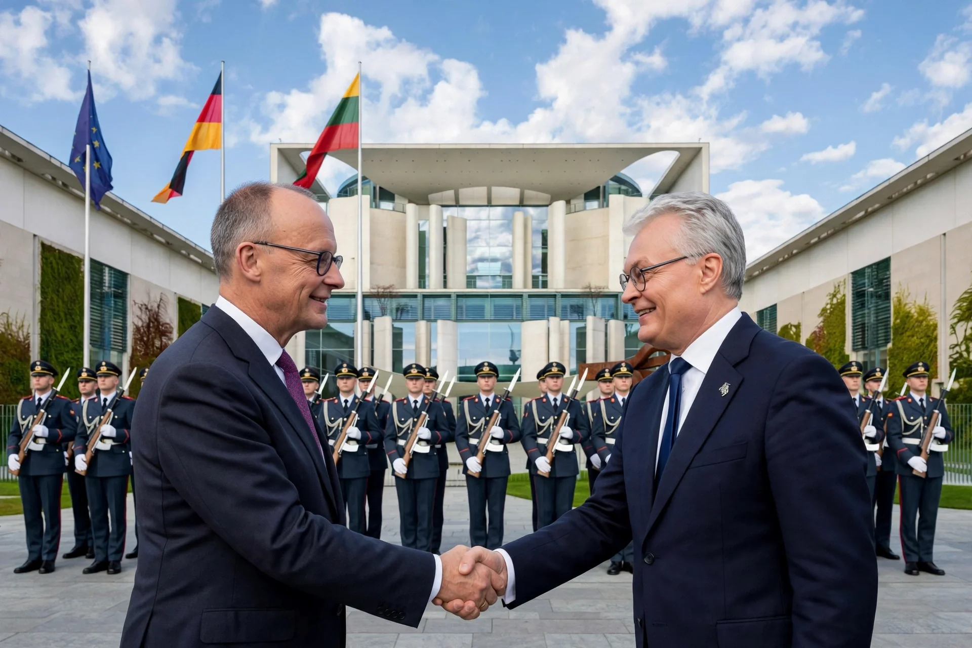 Dos mandatarios se dan la mano ante una guardia de honor con las banderas de la Unión Europea, Alemania y Lituania frente a la Cancillería en Berlín
