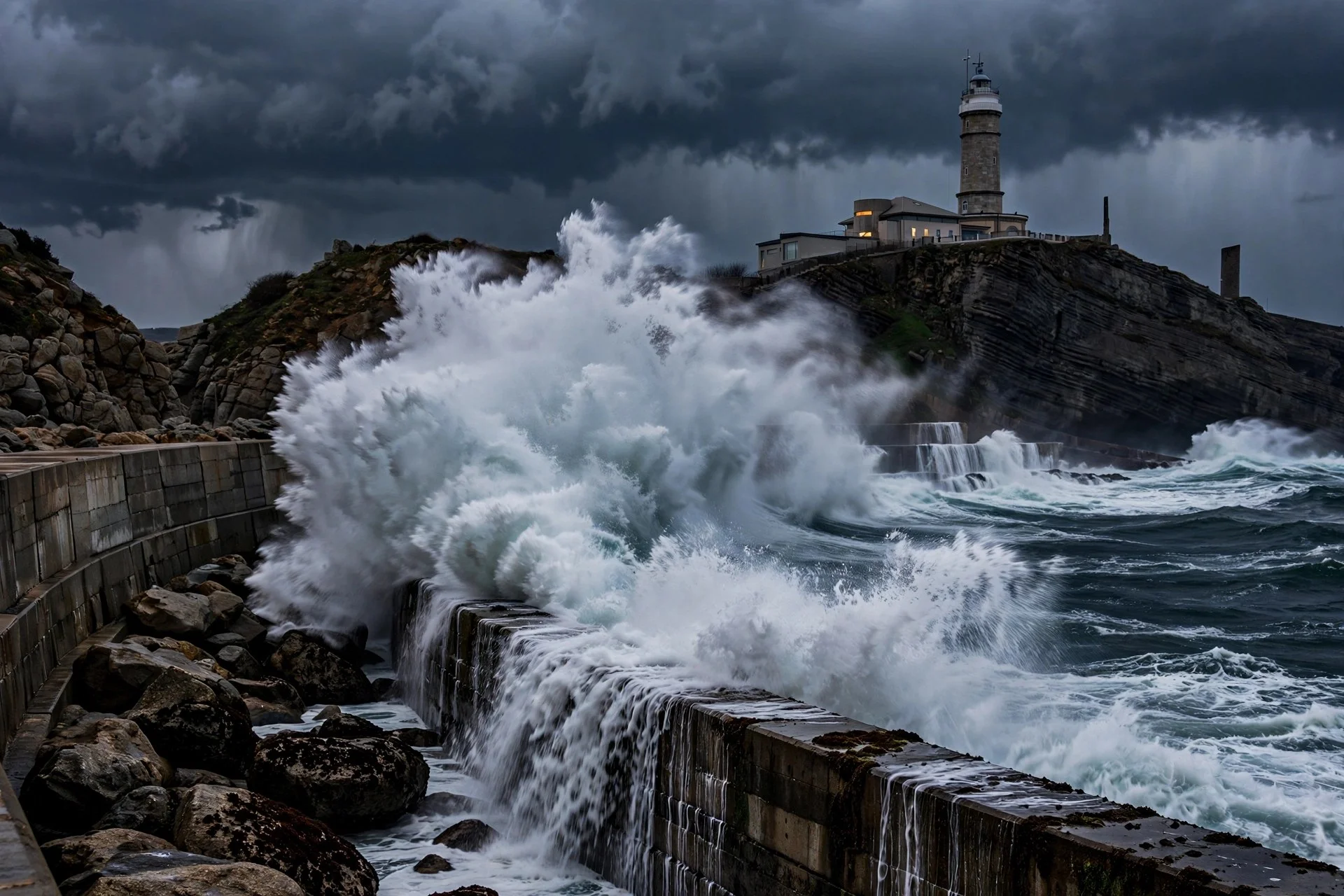 Olas enormes rompiendo contra un faro y un muro de mar en la costa norte de España bajo un cielo de tormenta