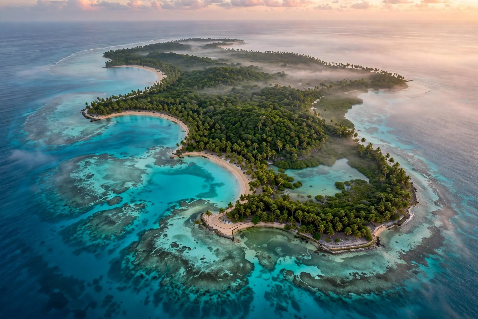 Vista aérea de una isla caribeña de aguas turquesa y palmeras al amanecer