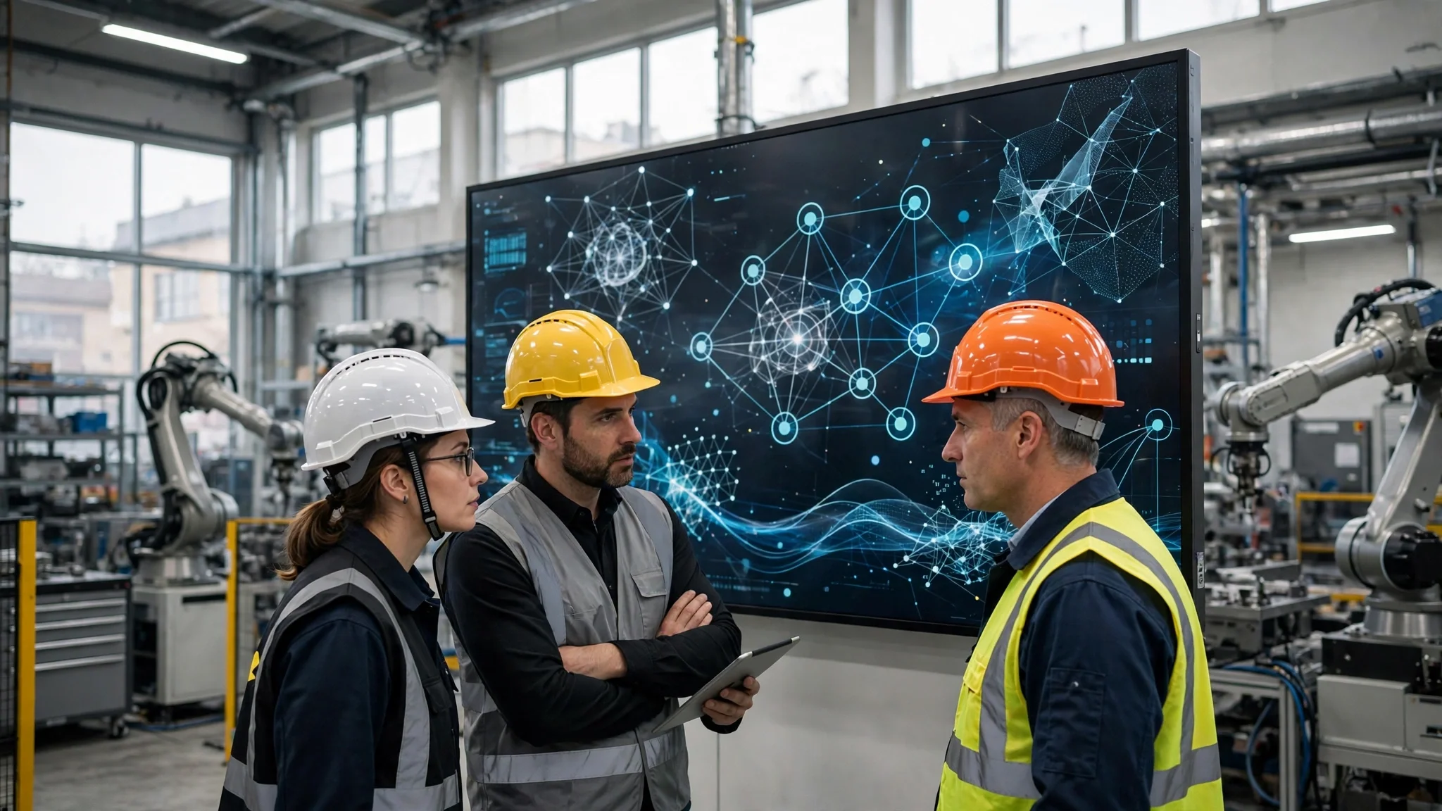 Planta industrial alemana con brazos robóticos e ingenieros revisando una pantalla digital