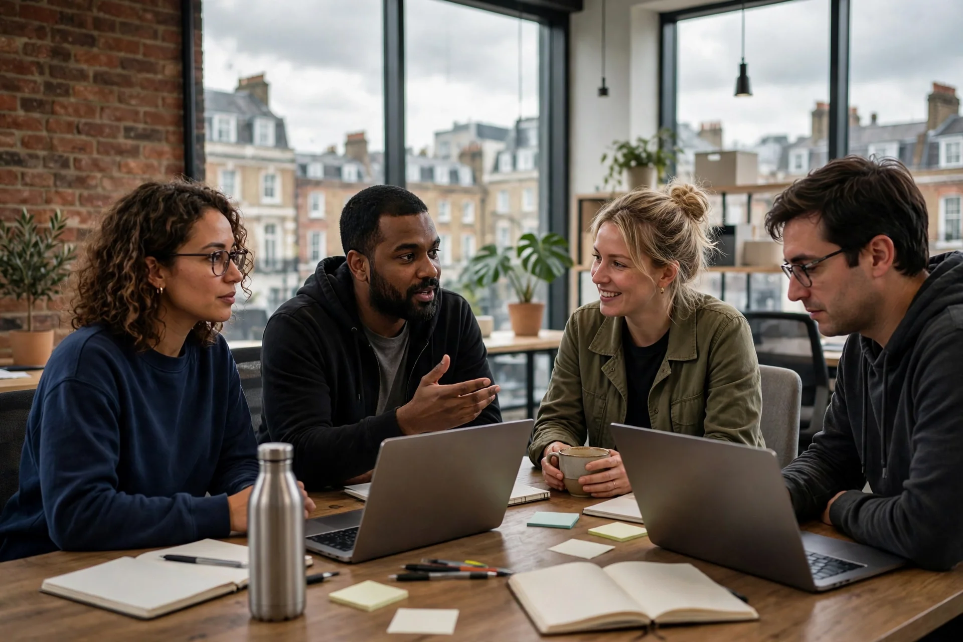Fundadores de empresas tecnológicas en crecimiento conversando en una oficina moderna británica con ordenadores portátiles