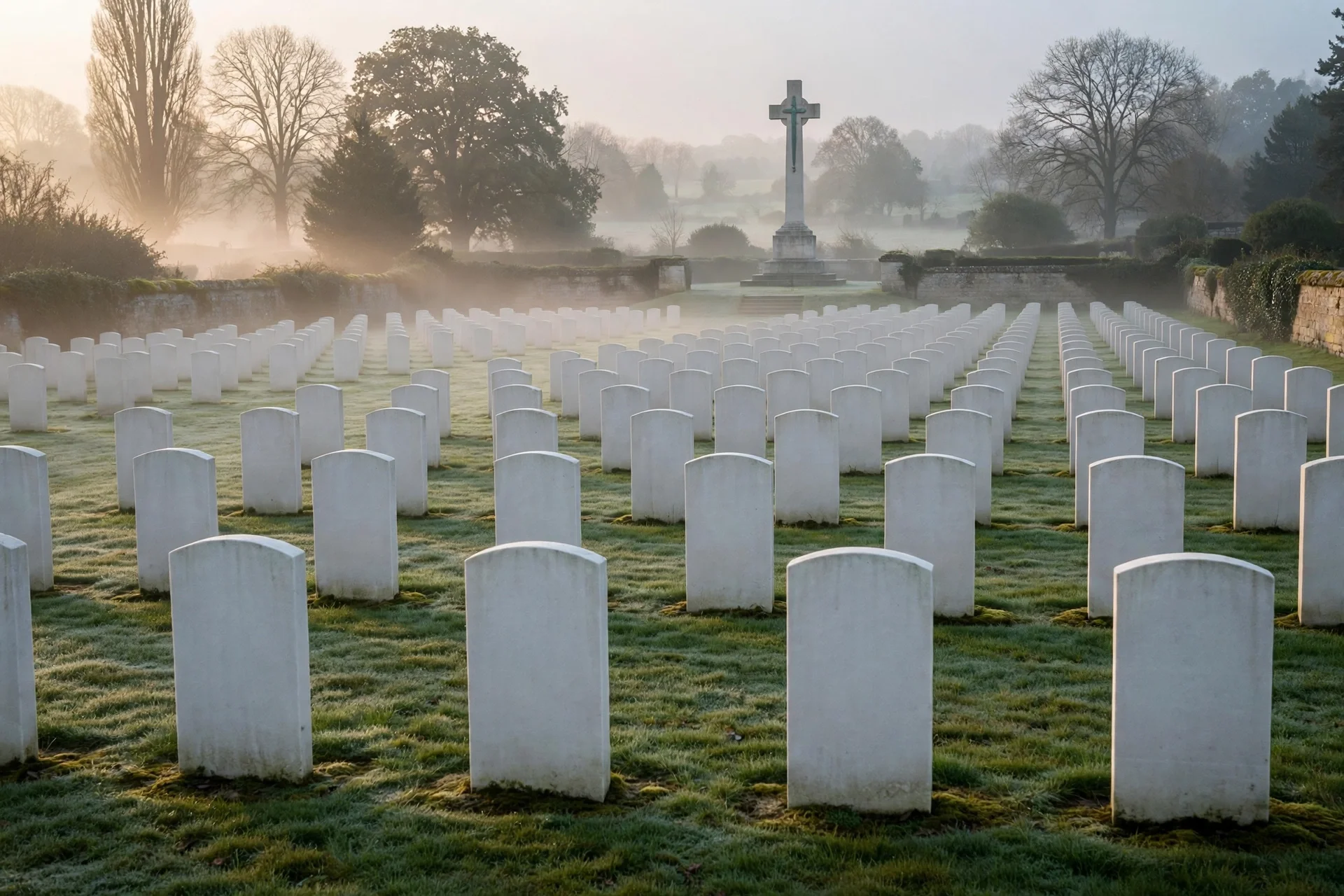 Cementerio militar británico en Francia al amanecer, con filas de lápidas blancas sobre la hierba y una cruz monumental al fondo entre la niebla
