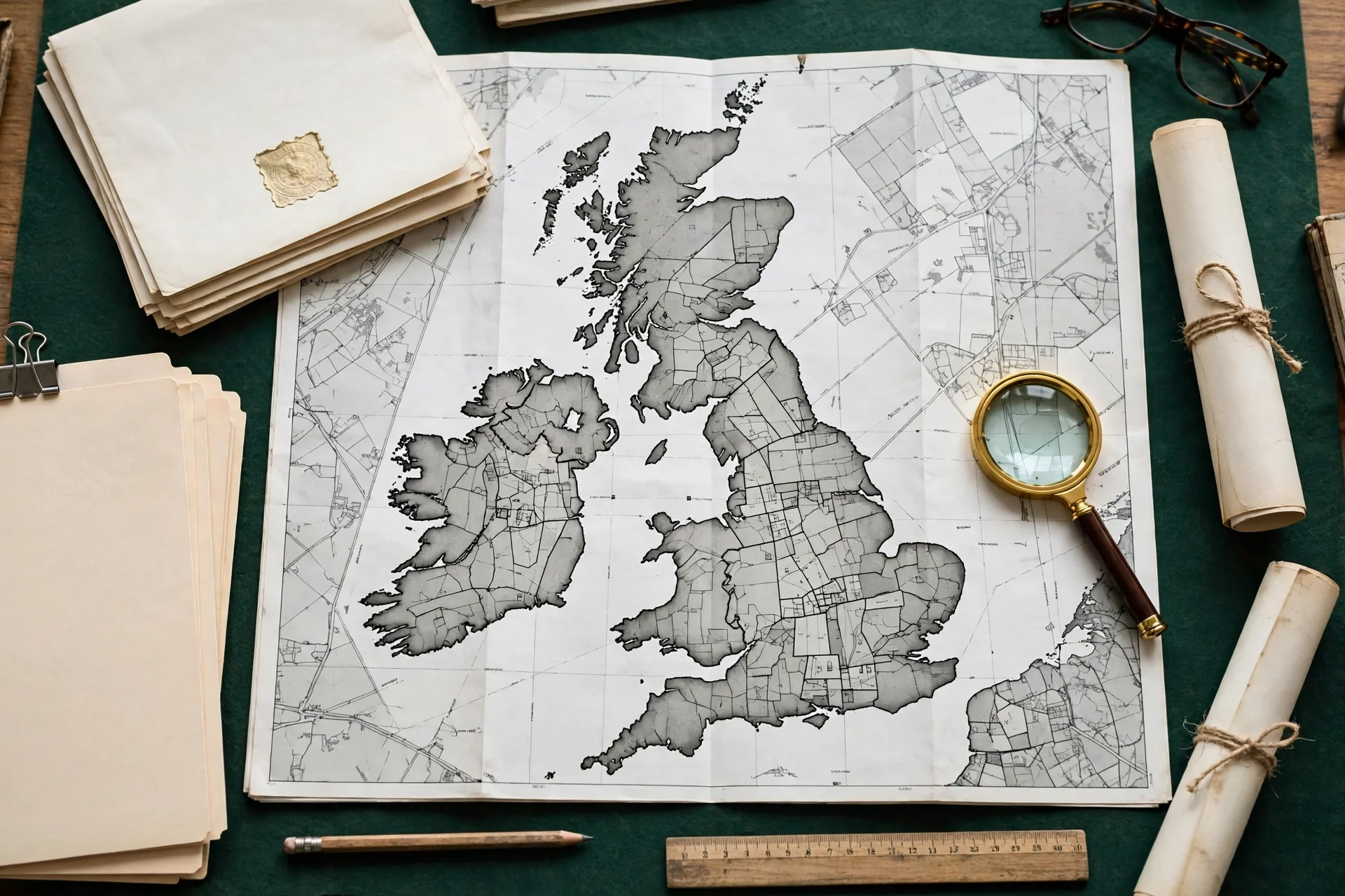 Mapa catastral desplegado sobre una mesa con documentos de títulos de propiedad y una lupa
