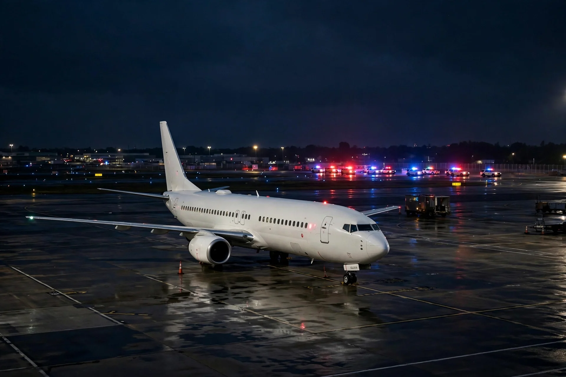 Avión comercial blanco en una pista de aeropuerto de noche con luces de emergencia a lo lejos