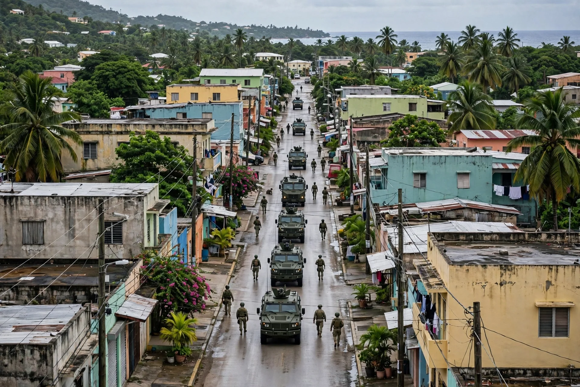 Convoy de vehículos blindados y efectivos internacionales de seguridad avanzando por una calle residencial caribeña con palmeras, vistos desde lejos
