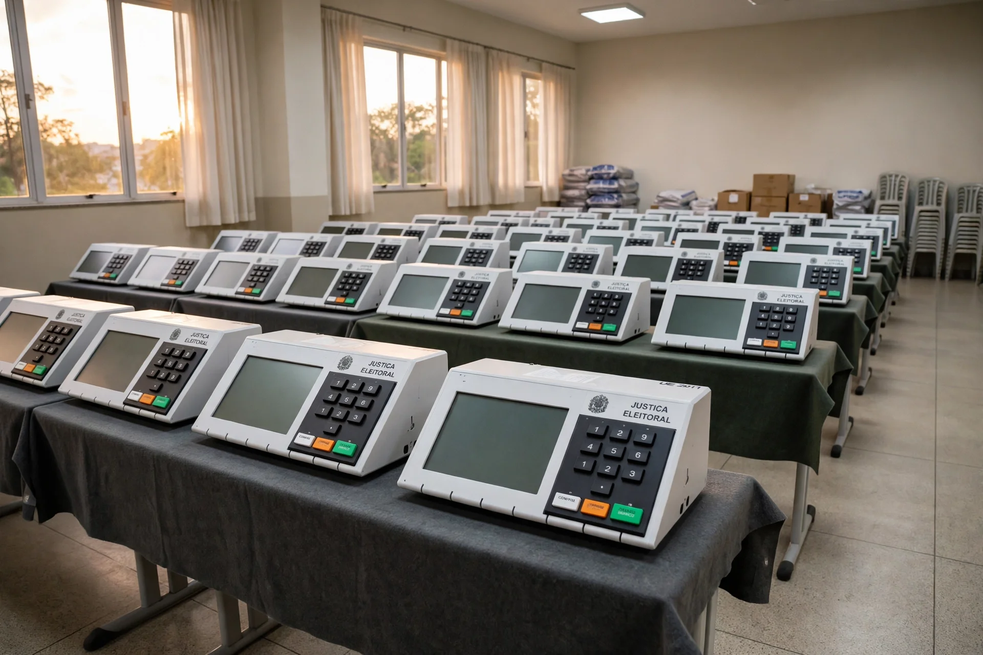 Sala institucional en Brasil con filas de urnas electrónicas de votación sobre mesas al cierre de la jornada electoral