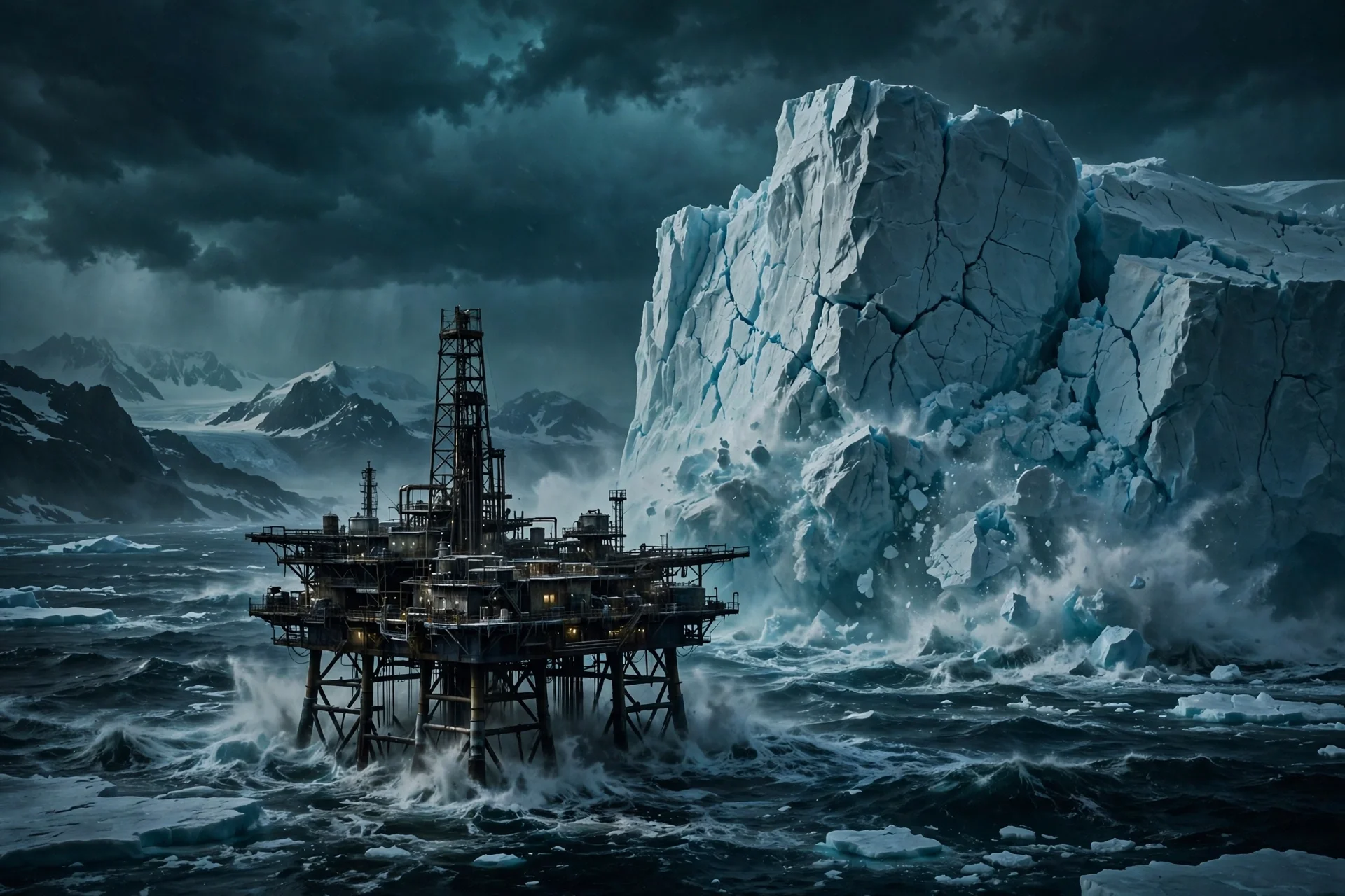 Ilustración cinematográfica dramática de una plataforma petrolera en el Ártico junto a un iceberg colosal desprendiéndose en un océano tormentoso, alusiva a la película 'Digger'.