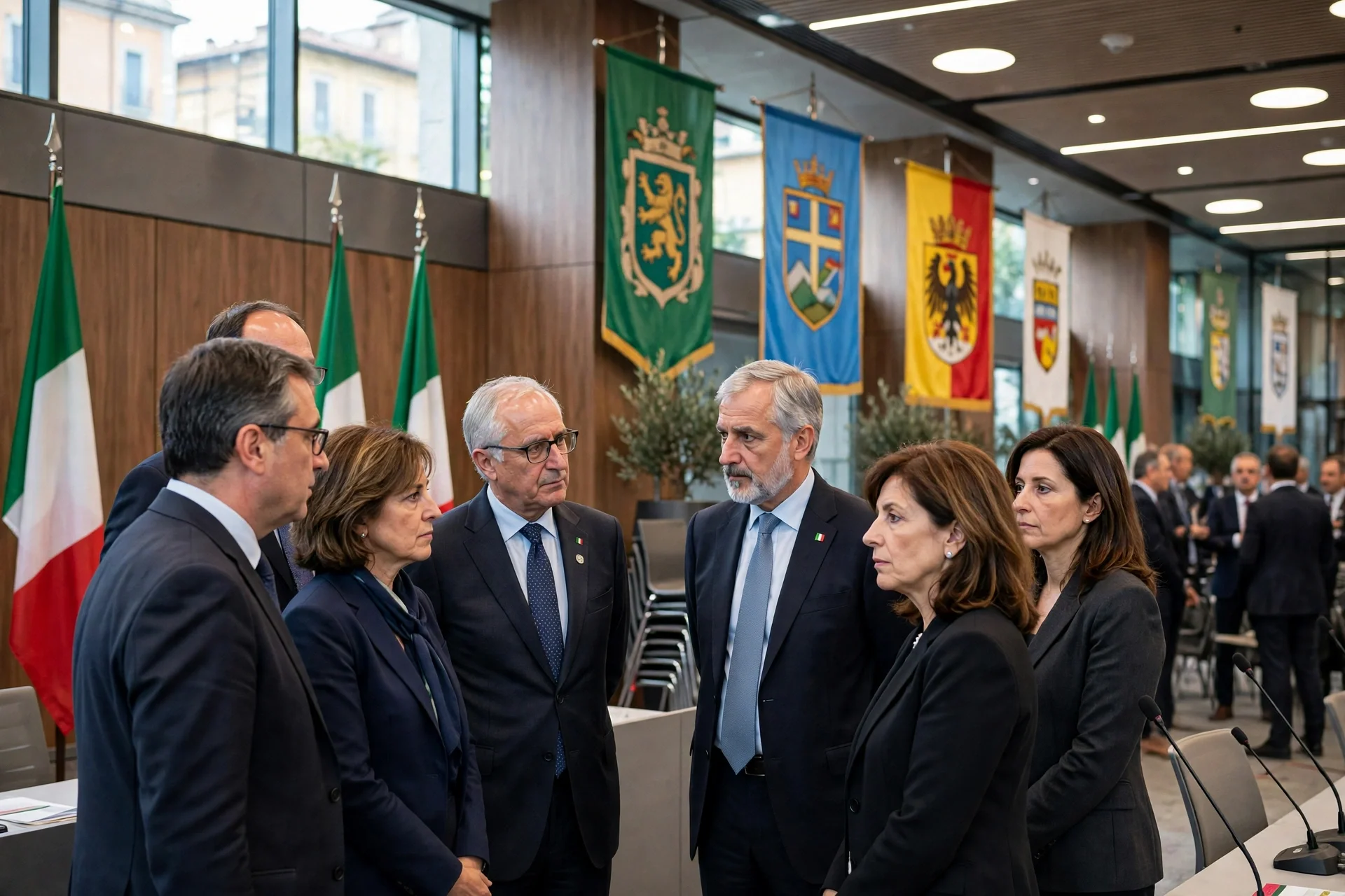 Italian officials at a conference hall with Italian flags and regional banners