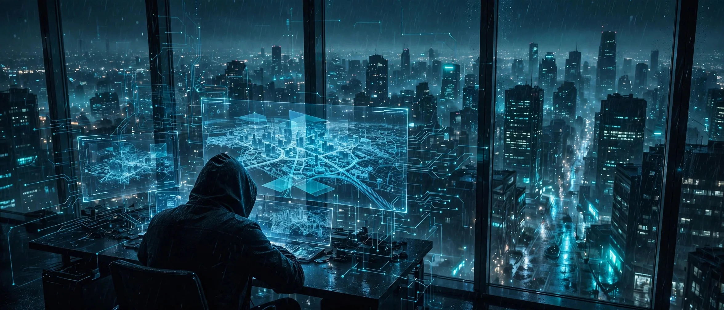 Ilustración nocturna de una ciudad con pantallas holográficas, alusiva al universo hacker de Watch Dogs