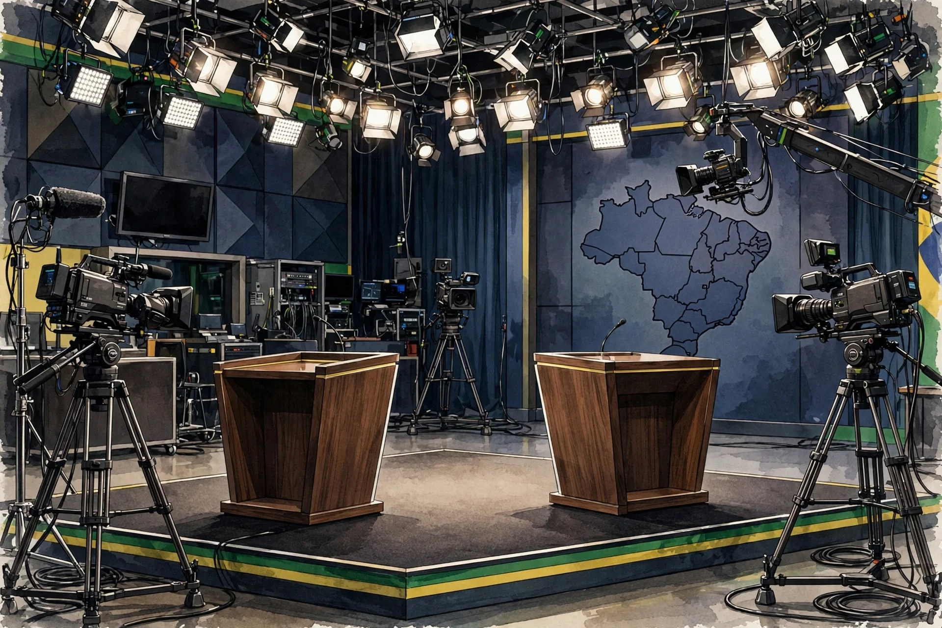 Ilustración de un estudio de televisión con dos podios para un debate electoral en Brasil