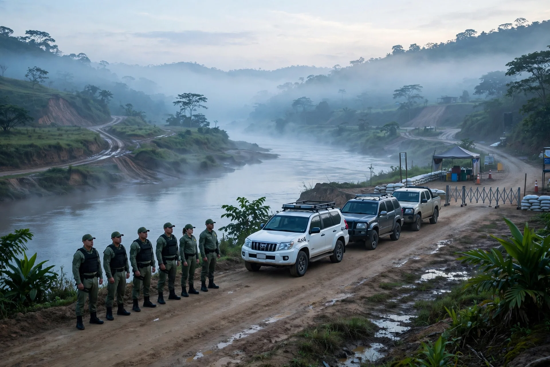 Puesto de control fronterizo fluvial en la frontera colombo-venezolana al amanecer, con agentes en formación y vehículos oficiales junto al río