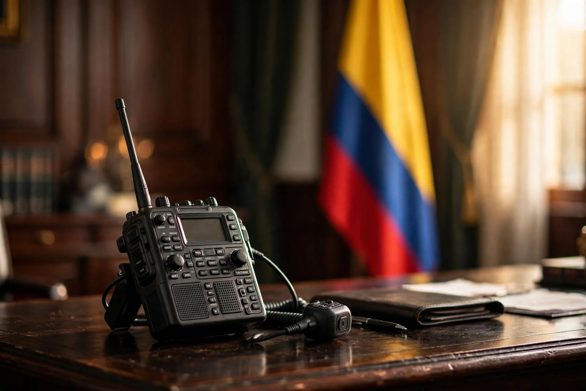 Radio de comunicaciones profesional sobre un escritorio oficial con la bandera de Colombia desenfocada al fondo
