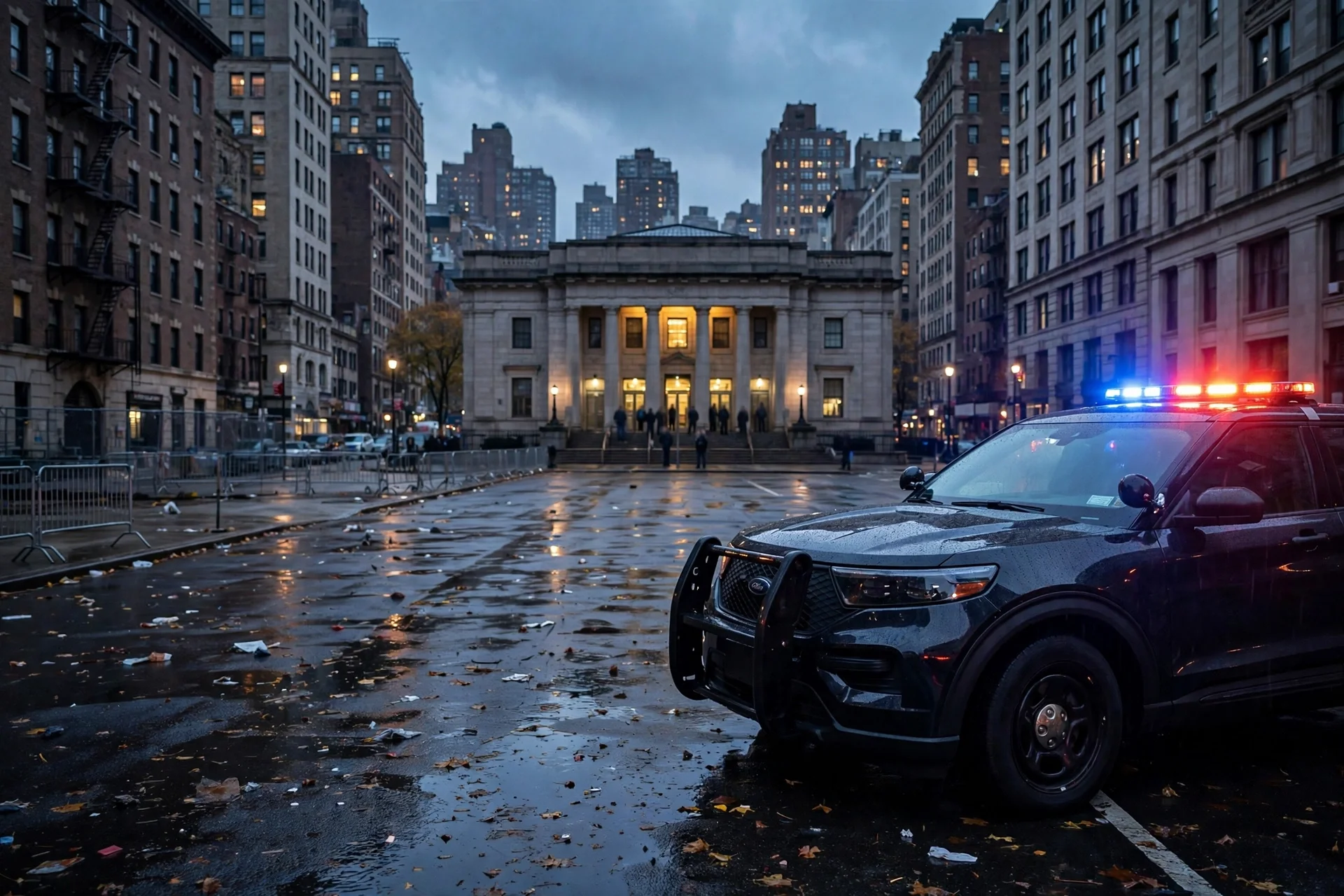 Un coche patrulla con las luces encendidas en una calle de Nueva York al anochecer, frente a un edificio oficial