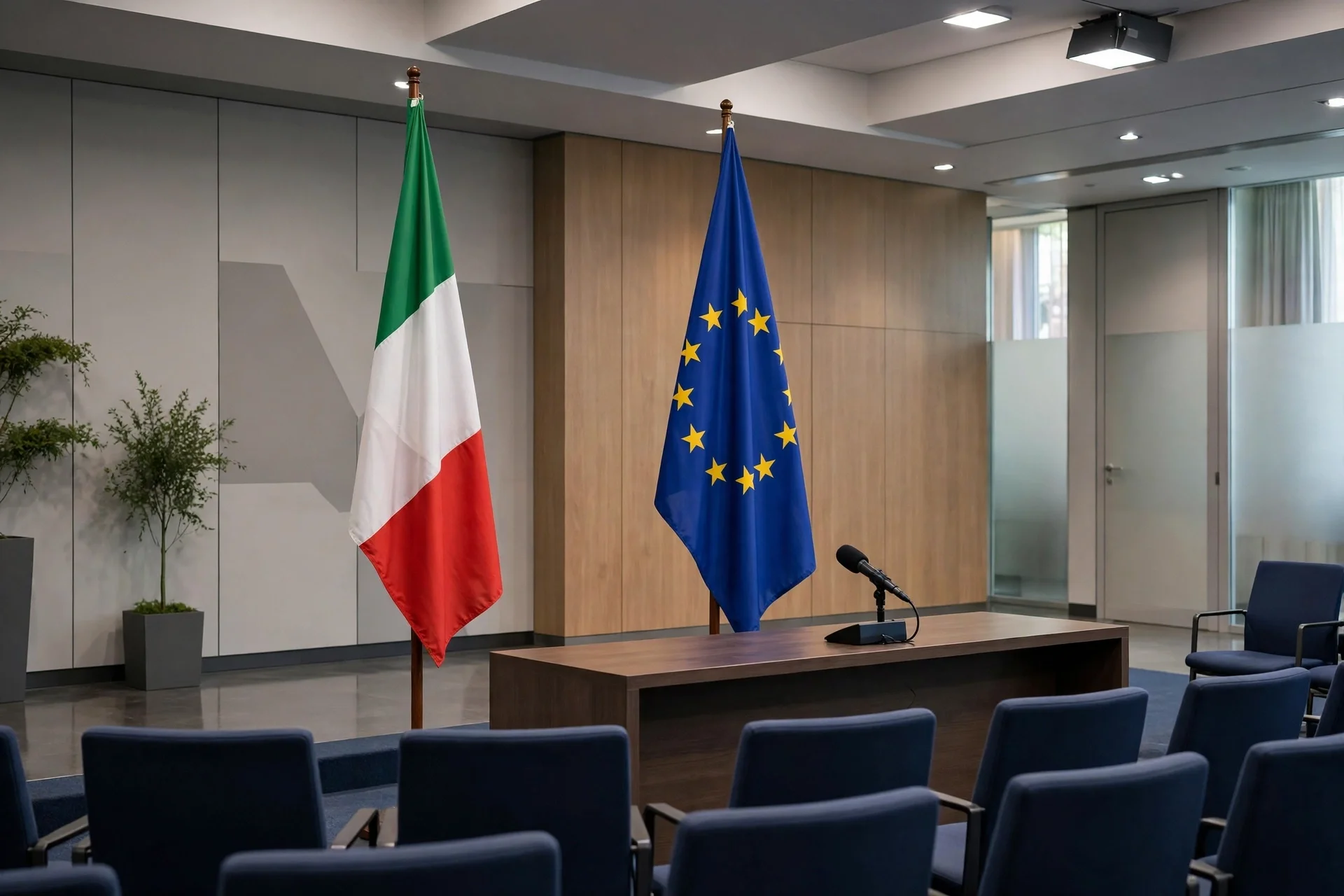 Sala de prensa institucional vacía con las banderas de Italia y de la Unión Europea junto a una mesa con micrófono