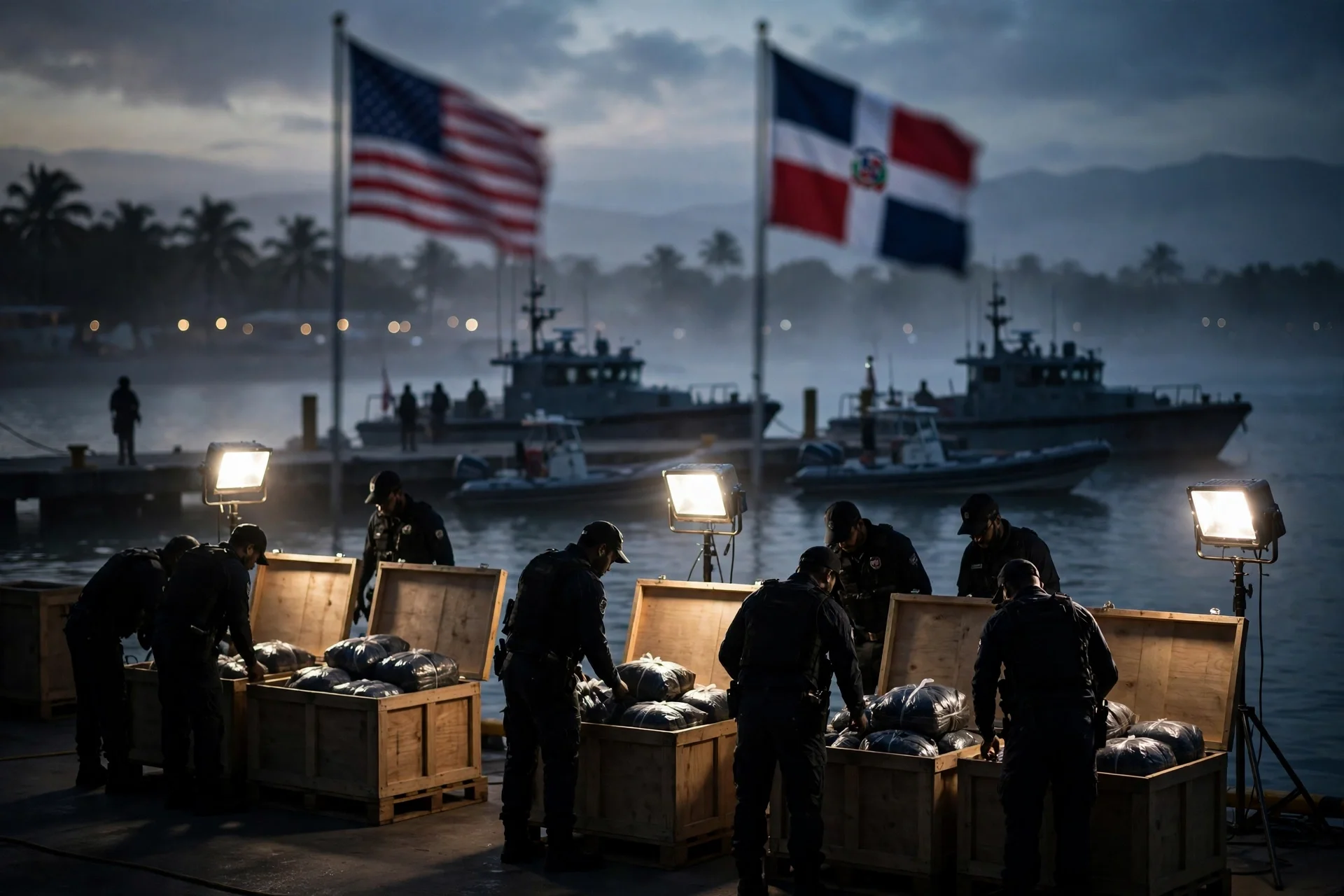 Agentes inspeccionando cajas en un muelle caribeño al amanecer, con embarcaciones de patrulla y las banderas de Estados Unidos y República Dominicana al fondo