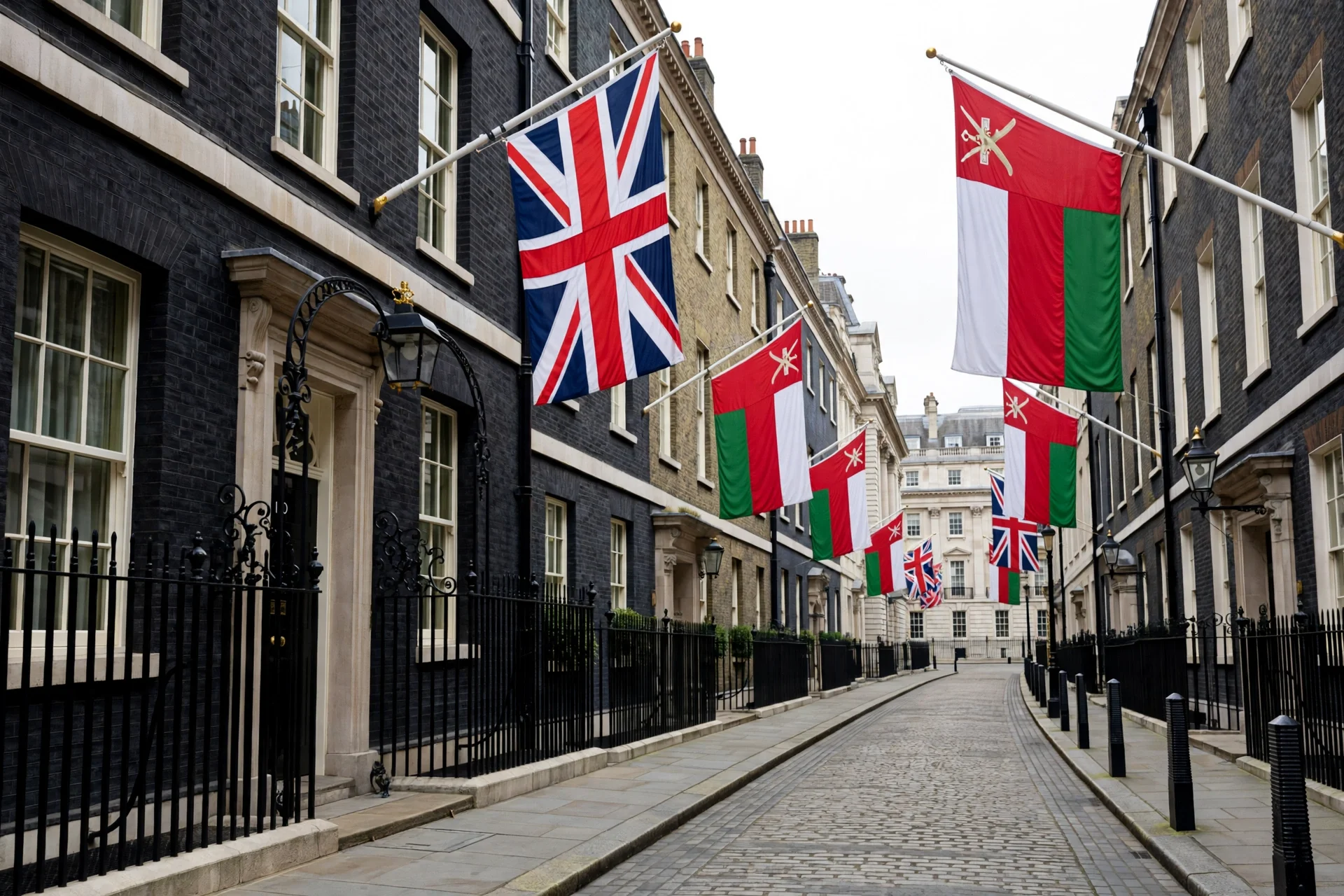 Vista de Downing Street en Londres con las banderas del Reino Unido y de Omán ondeando durante una visita de Estado