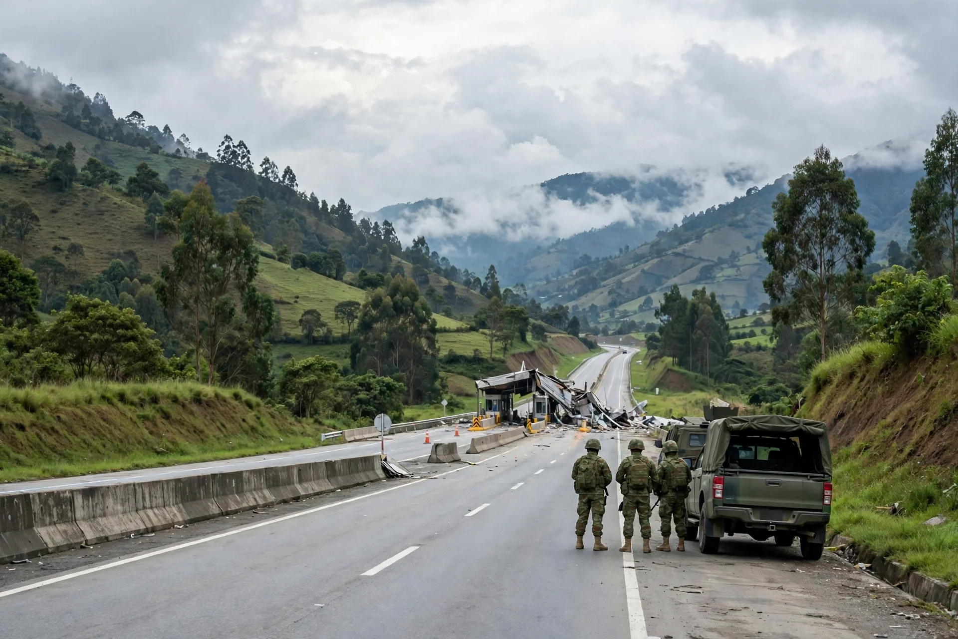 Vía Panamericana en una zona montañosa del Cauca con un peaje dañado a lo lejos y presencia militar junto a la carretera
