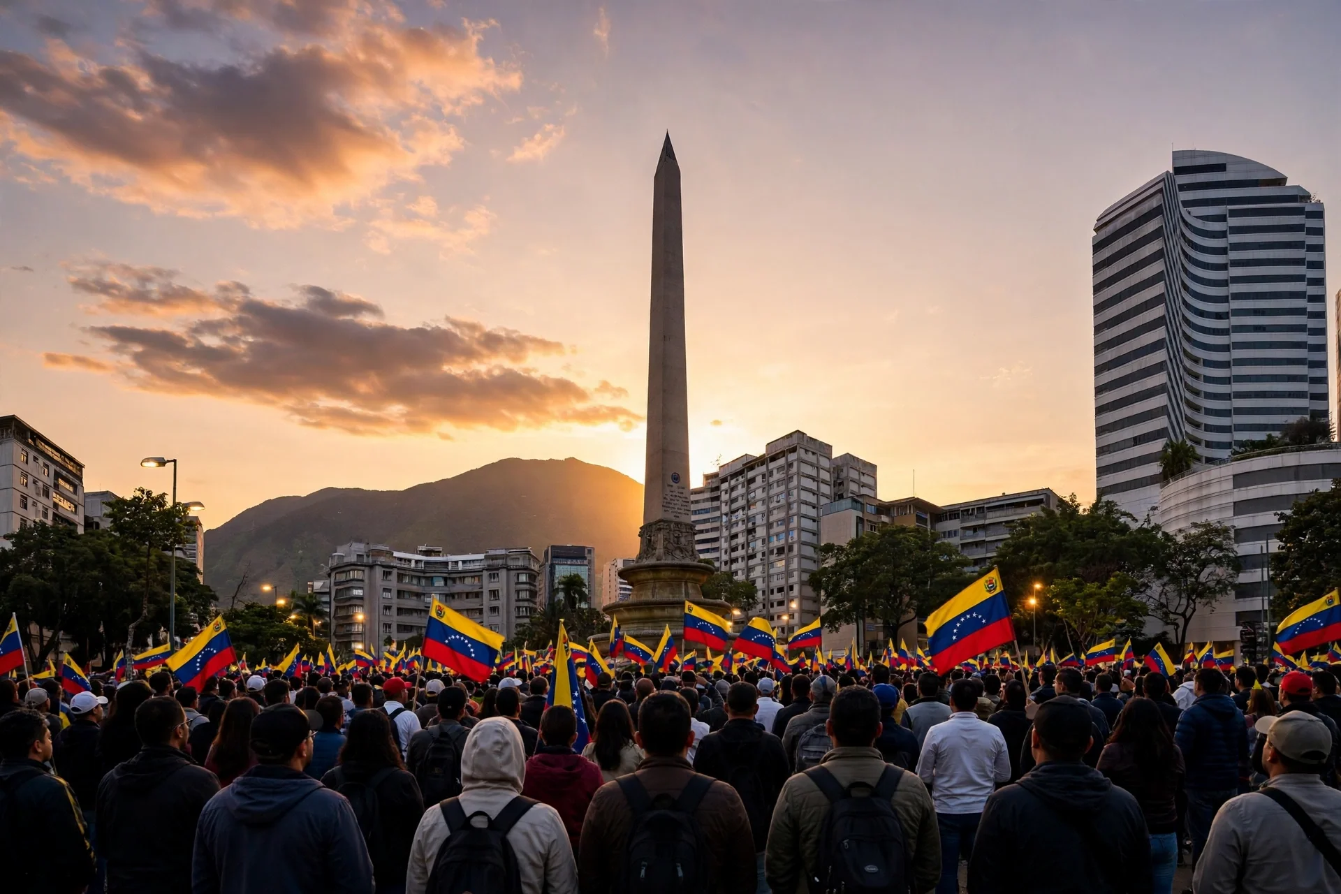 Multitud cívica de espaldas con banderas de Venezuela en una plaza de Caracas frente a un obelisco al atardecer