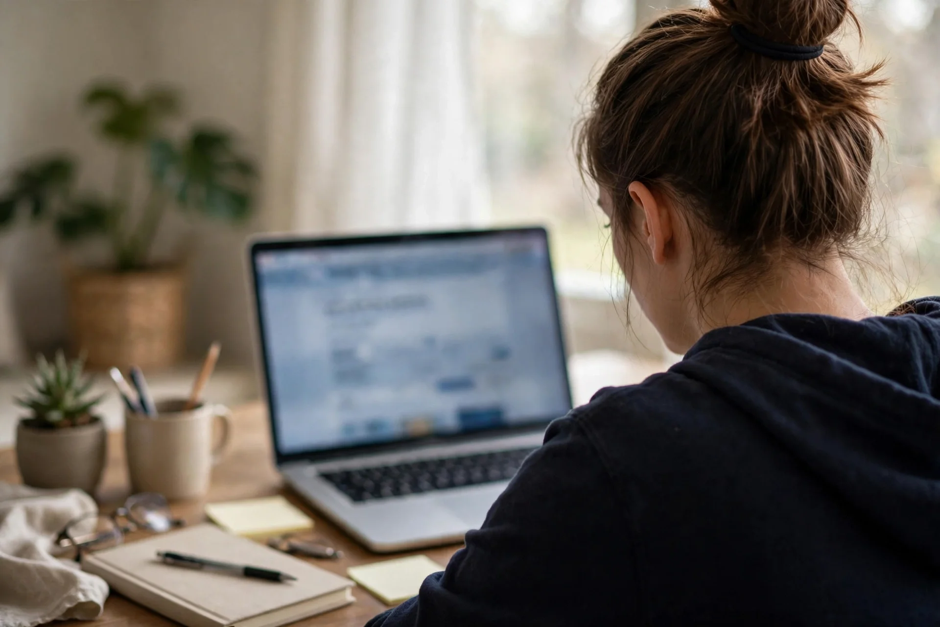 Persona vista desde atrás usando un portátil en casa para gestionar su cuenta en línea