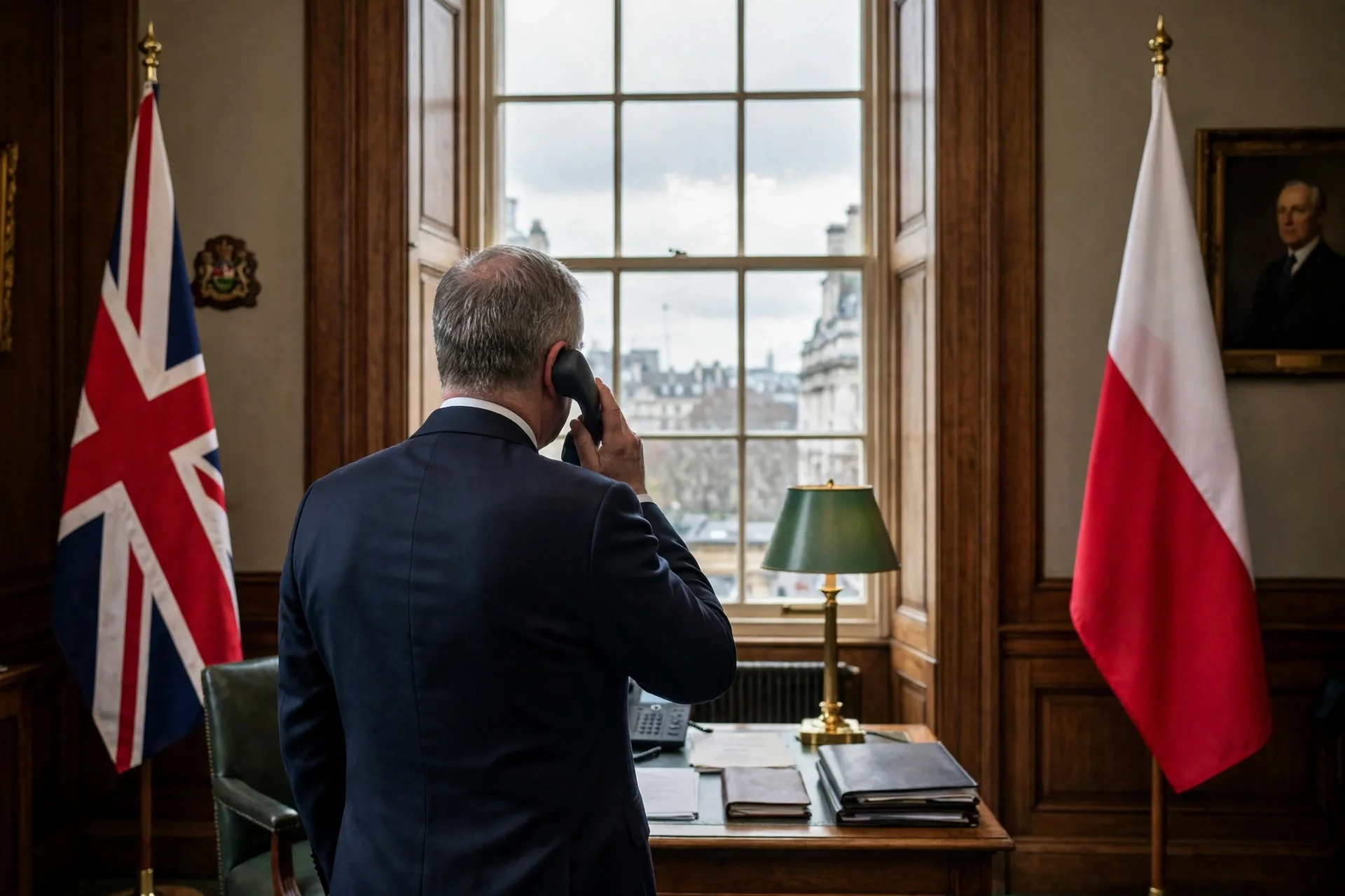 Un primer ministro de espaldas habla por teléfono en un despacho oficial de paneles de madera, entre las banderas del Reino Unido y de Polonia, junto a una ventana amplia