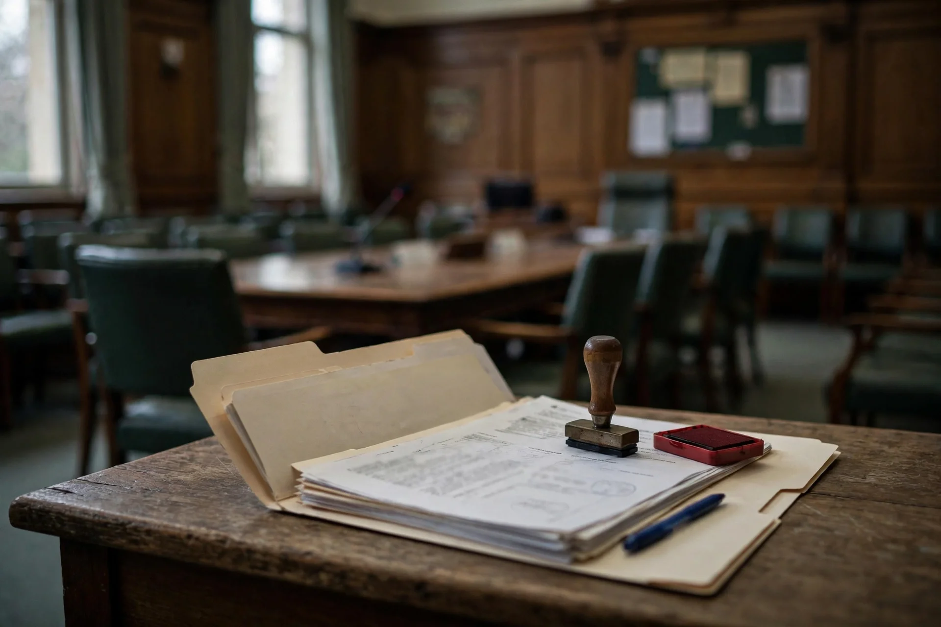 Carpeta con documentos y un sello sobre un escritorio en una sala de comisiones vacía