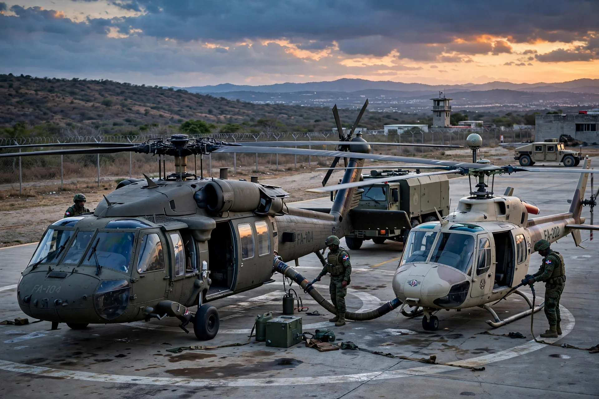 Dos helicópteros militares repostando en una pista fronteriza al atardecer con soldados junto a las aeronaves
