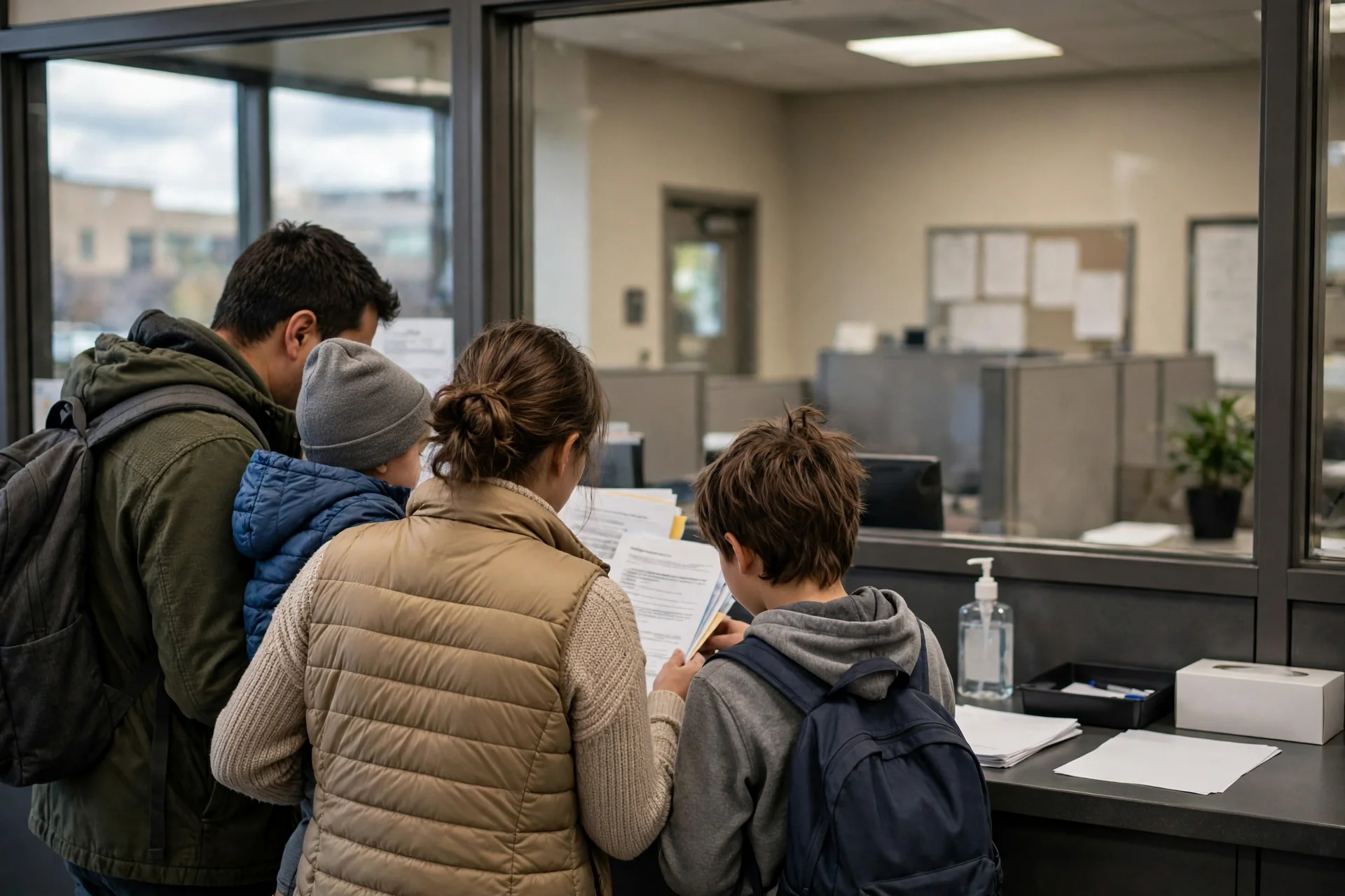 Familia migrante revisa documentos junto a una ventanilla de oficina gubernamental en Estados Unidos