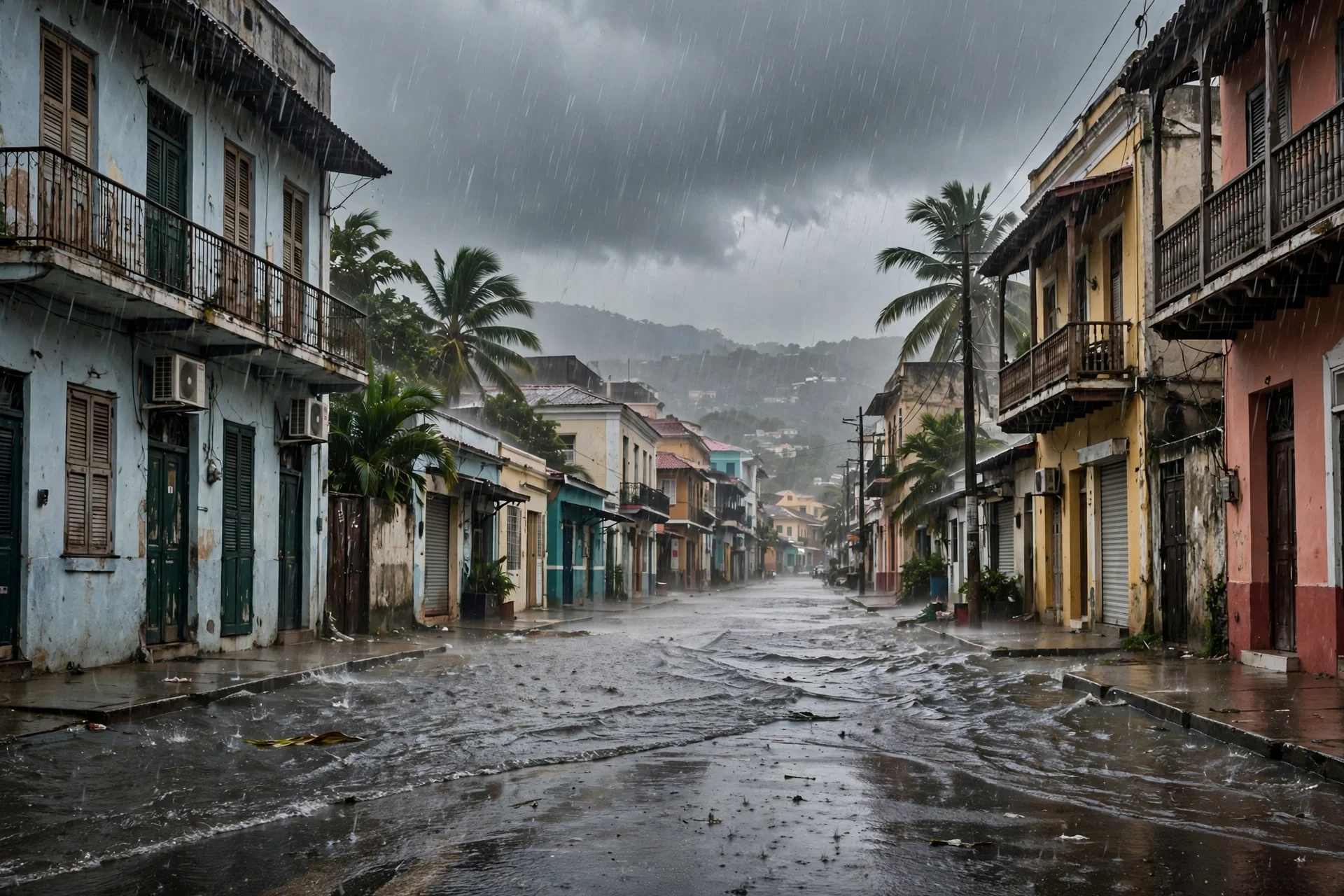 Lluvia intensa sobre una calle inundada de una ciudad caribeña dominicana bajo un cielo gris