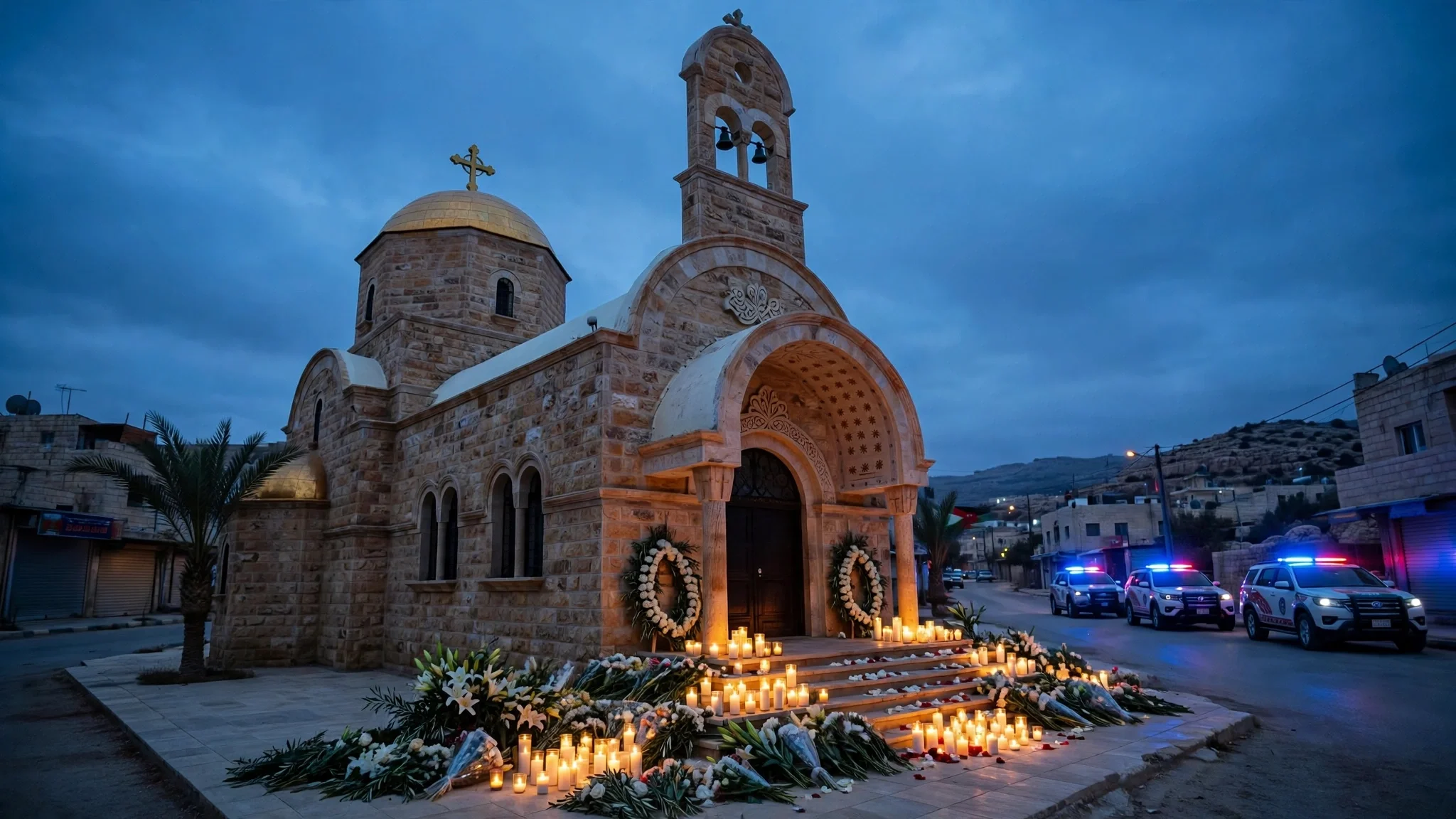 Iglesia de piedra en una localidad jordana al anochecer con velas y flores a la entrada y vehículos de seguridad