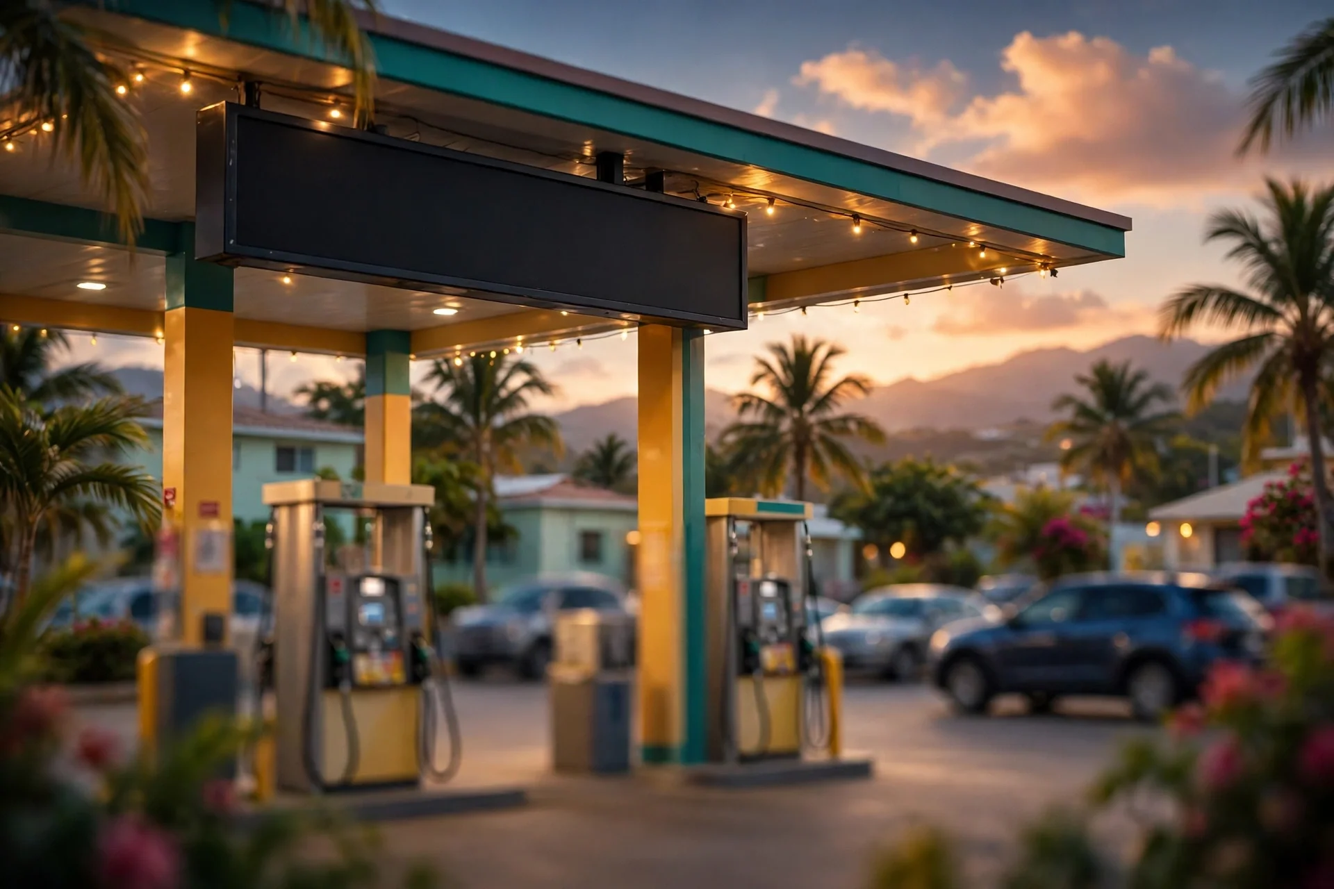 Estación de combustible en República Dominicana al atardecer, con surtidores y vehículos bajo un cielo cálido