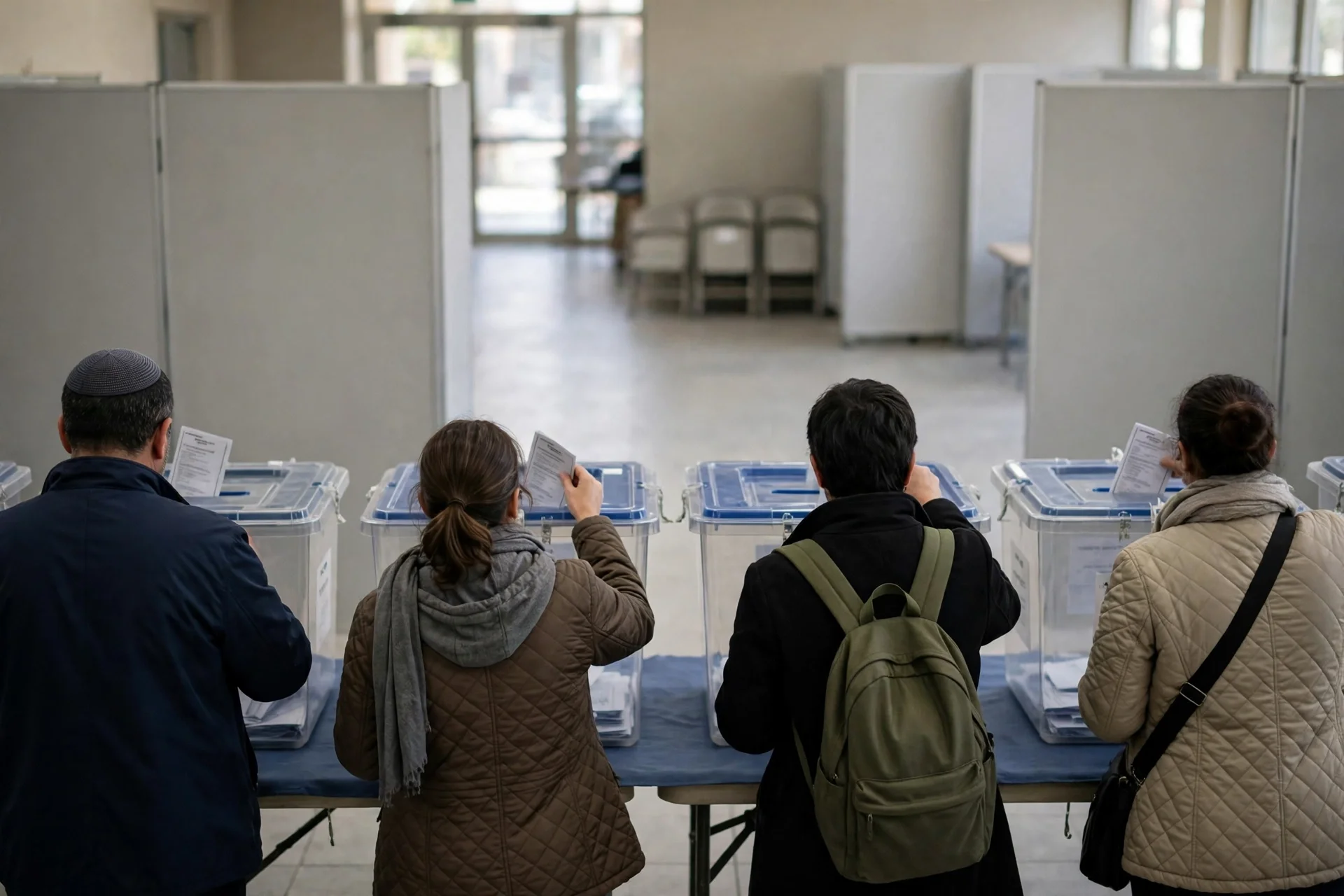Votantes de espaldas depositan su voto en urnas transparentes en un centro de votación en Israel