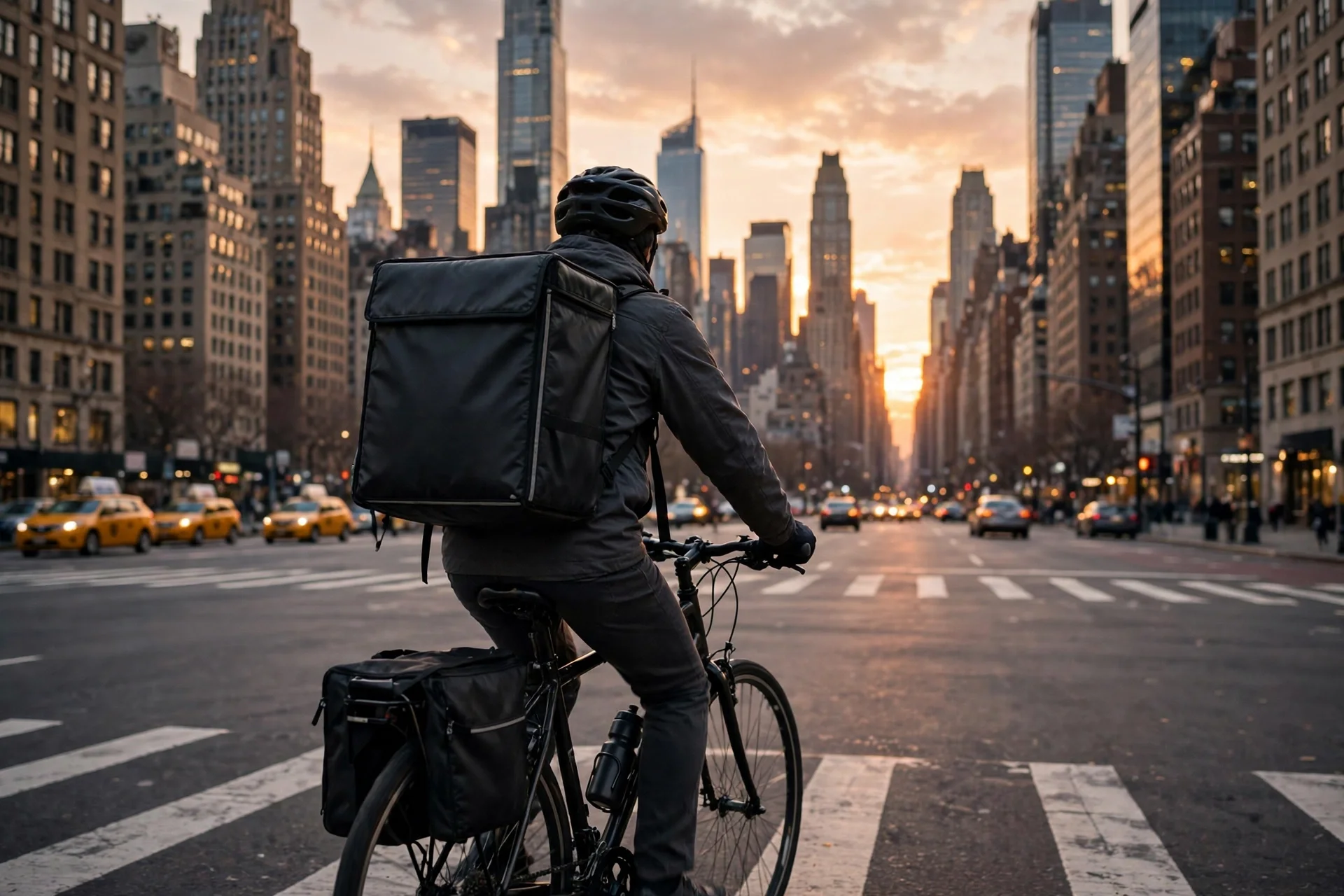 Repartidor de espaldas con casco y mochila negra de reparto en bicicleta sobre un paso de cebra de Manhattan al atardecer